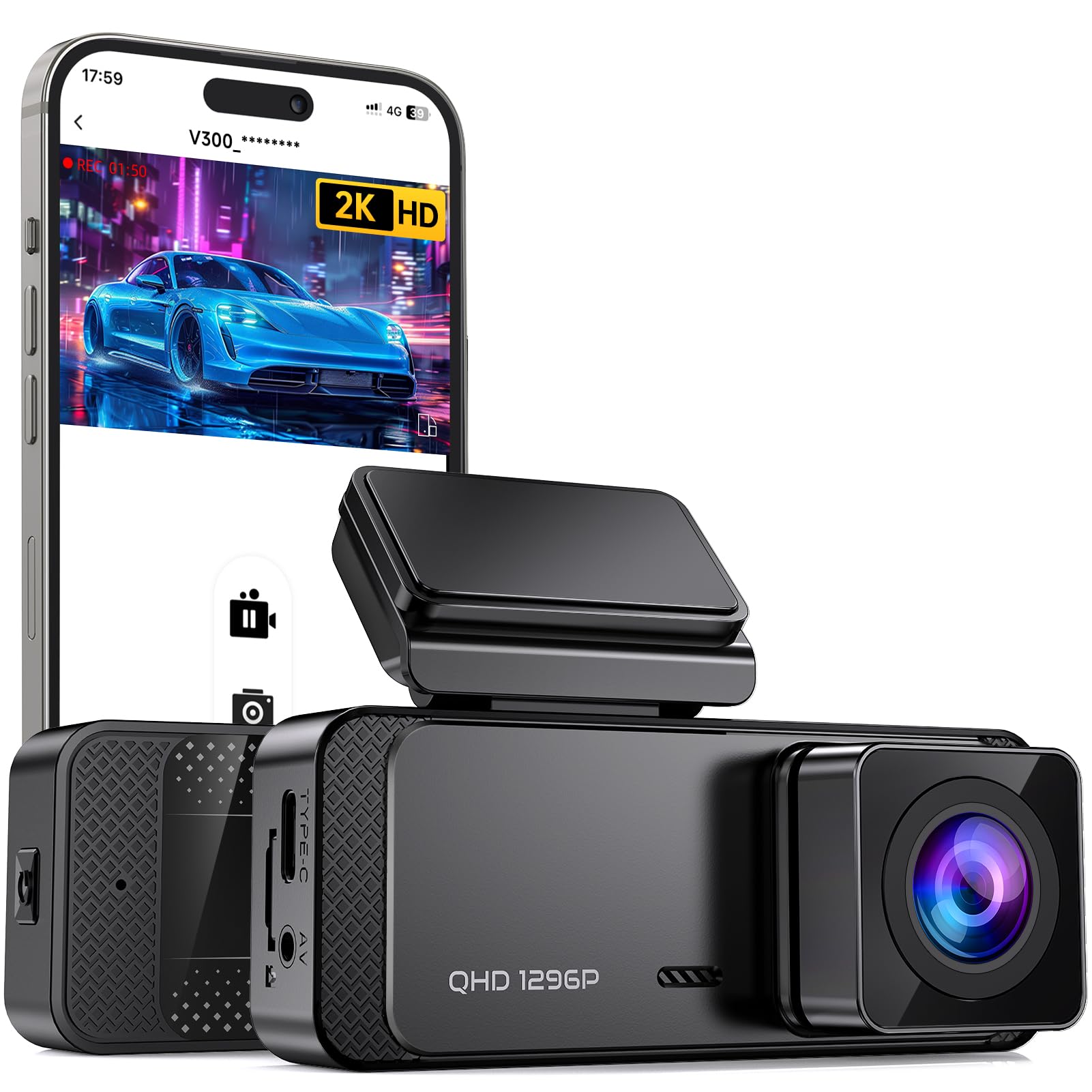 Dash Cam, 1296P Front Dashcam, Veement V300 Wifi Dash Camera For Cars With App, Night Vision, Mini Hidden Single Car Camera, Loo