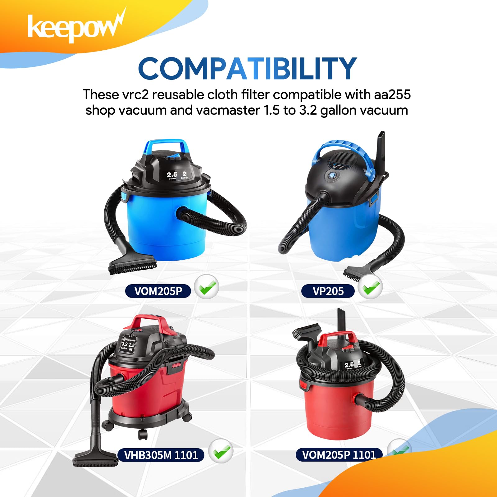Keepow Vrc2 Cloth Filter Compatible With Vacmaster 1.5 To 3.2 Gallon Wet/Dry Vacuums, Also Compatible With Shop Vac Aa155 Aa256