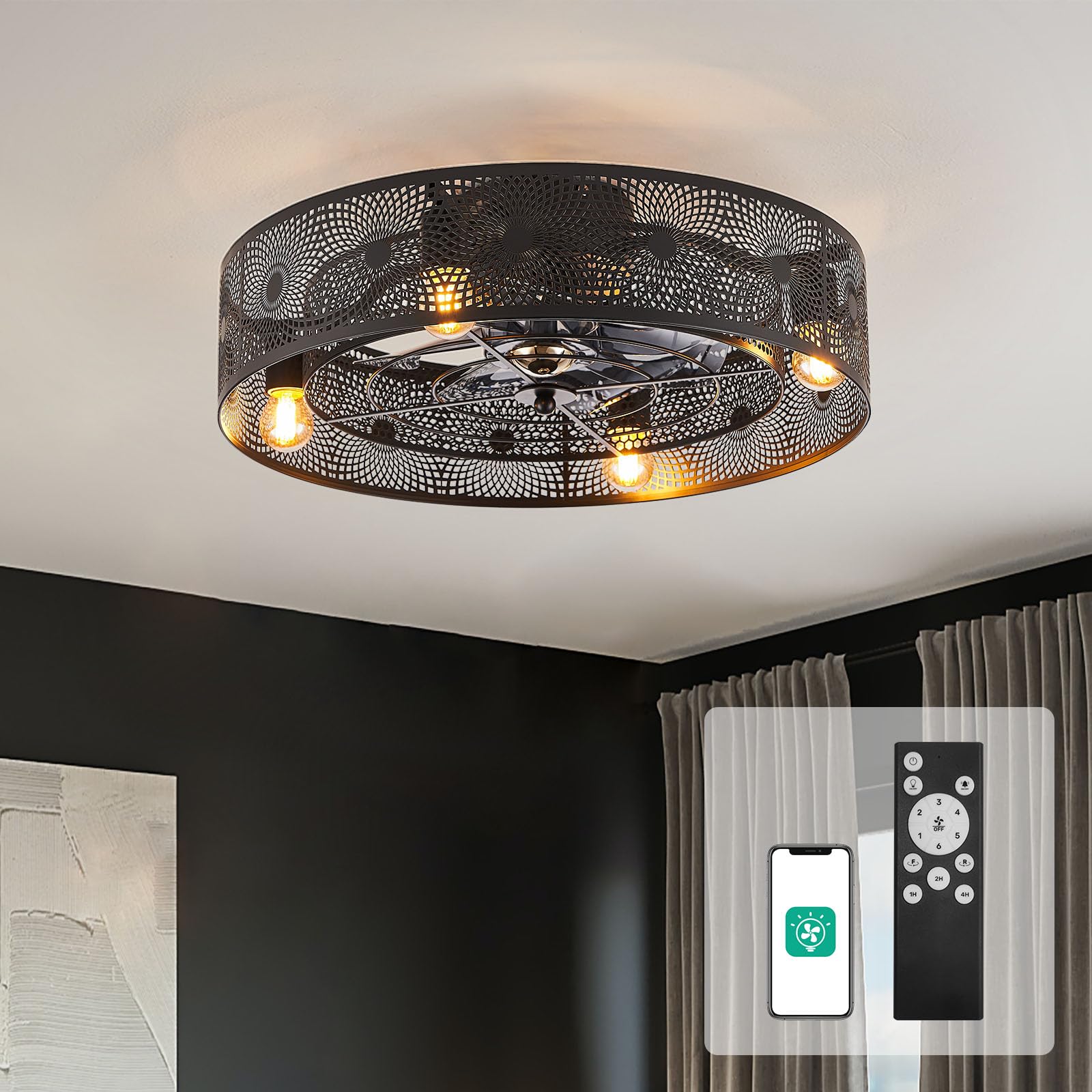 Orison 20 Inch Caged Ceiling Fan with Light, Black, 6 Speeds, Timer, Reversible Motor, Industrial Low Profile Ceiling Fan for Li