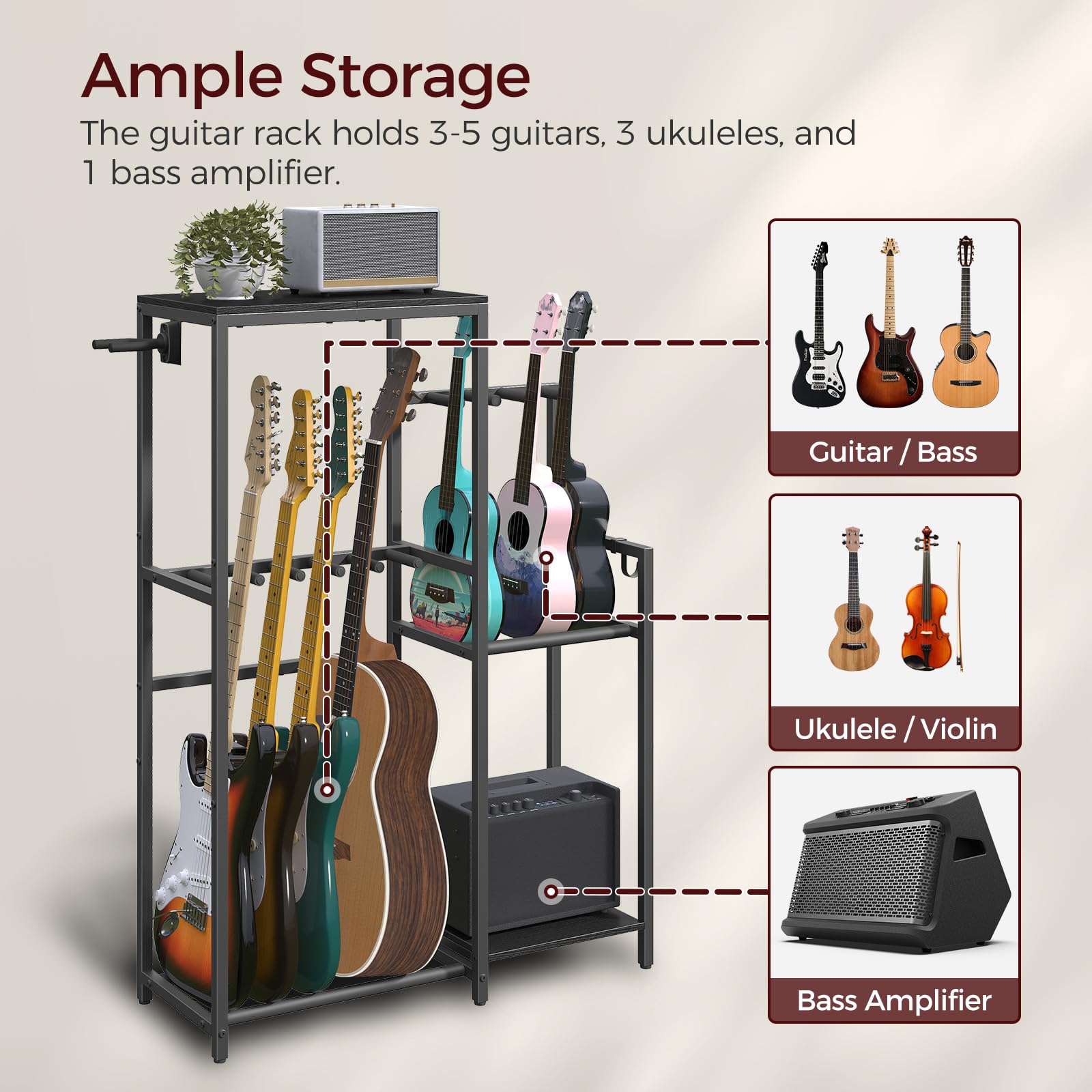Mahancris Multi-Guitar Rack, For Acoustic, Electric, Bass, Ukulele, Banjo, 5 Guitars, Amp Stand, Record Rack, Accessory Holder,