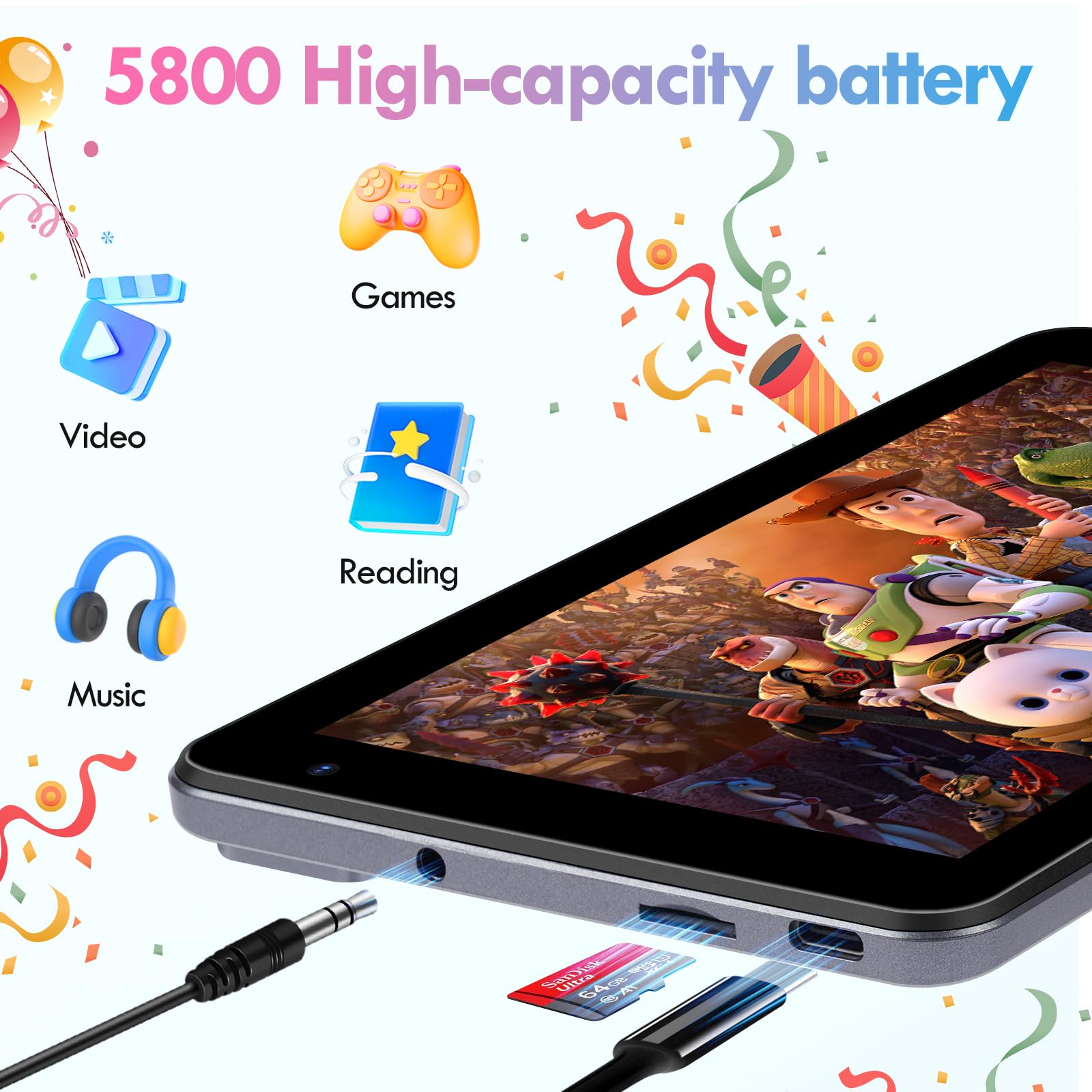 Bisaikasow Kids Tablet 7 Inch, Android 13, 8Gb Ram 64Gb Rom Expandable, Octa-Core, 5800Mah Battery, Parental Control, Wifi, Dual