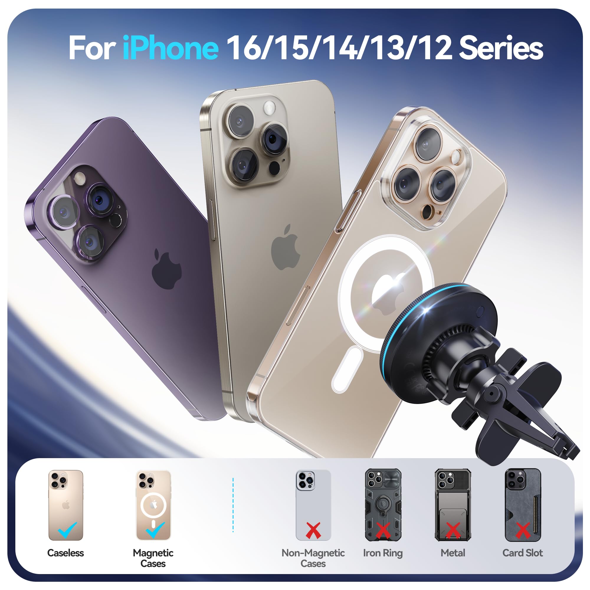 Beser For Magsafe Car Mount Charger, (4.13 Lbf) Large Magnetic, 15W Qi Wireless Charger For Car, Vent/Dashboard, Phone Holder Fo