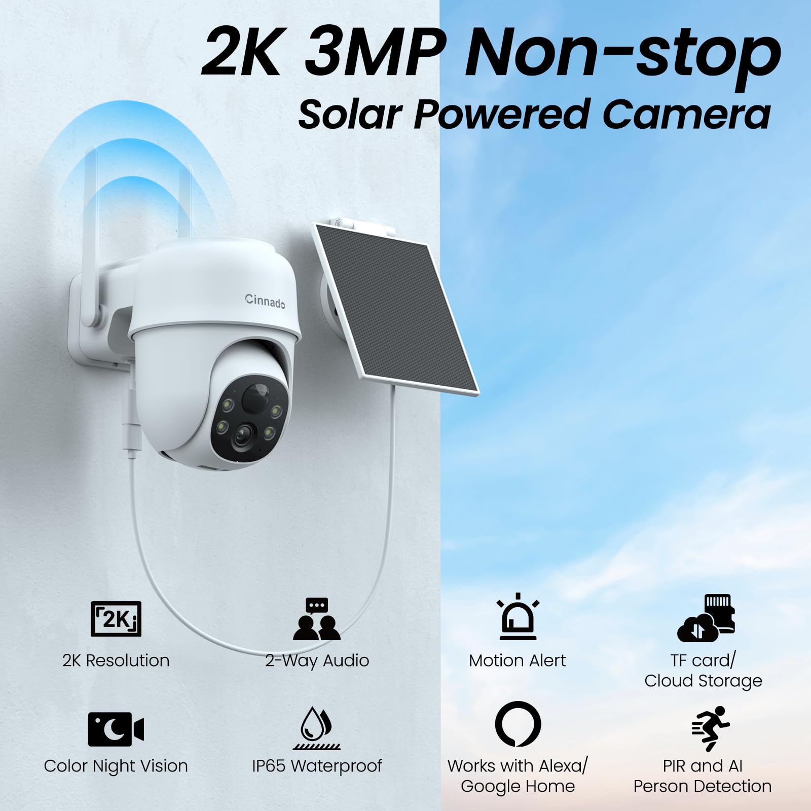 Cinnado Security Cameras Wireless Outdoor 2K Cameras For Home Security Outside Solar/Battery Powered 2.4G Wifi, 360 Color Night
