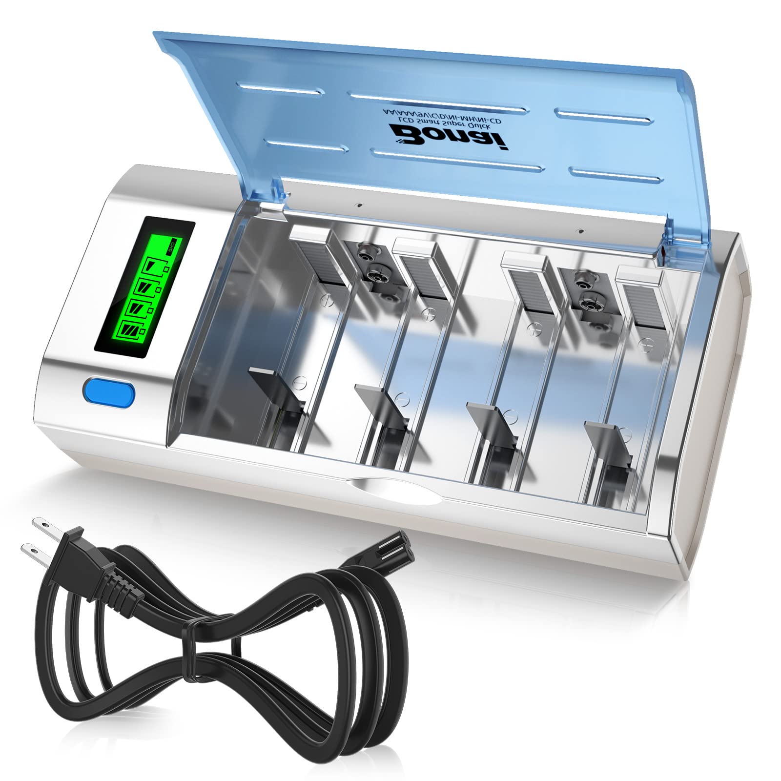 BONAI LCD Battery Charger for C D AA AAA NiMH NiCD & 9V Lithium Rechargeable Batteries with Discharge Function and AC Plug Fast 