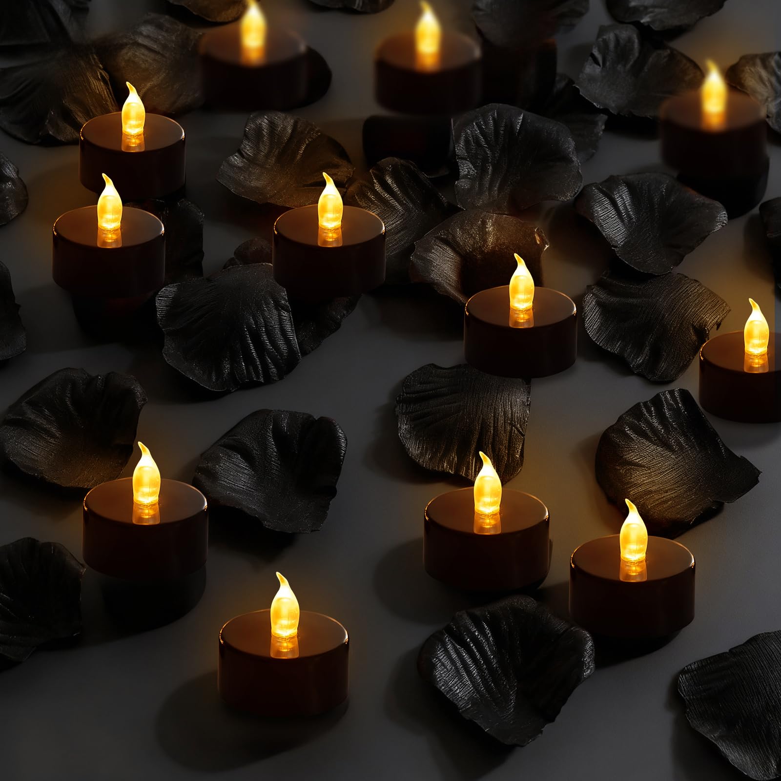 500 Pcs Rose Petals with 12 LED Tea Lights Candles Set, Artificial Black Rose Petals and Black Flameless Candles Set for Anniver