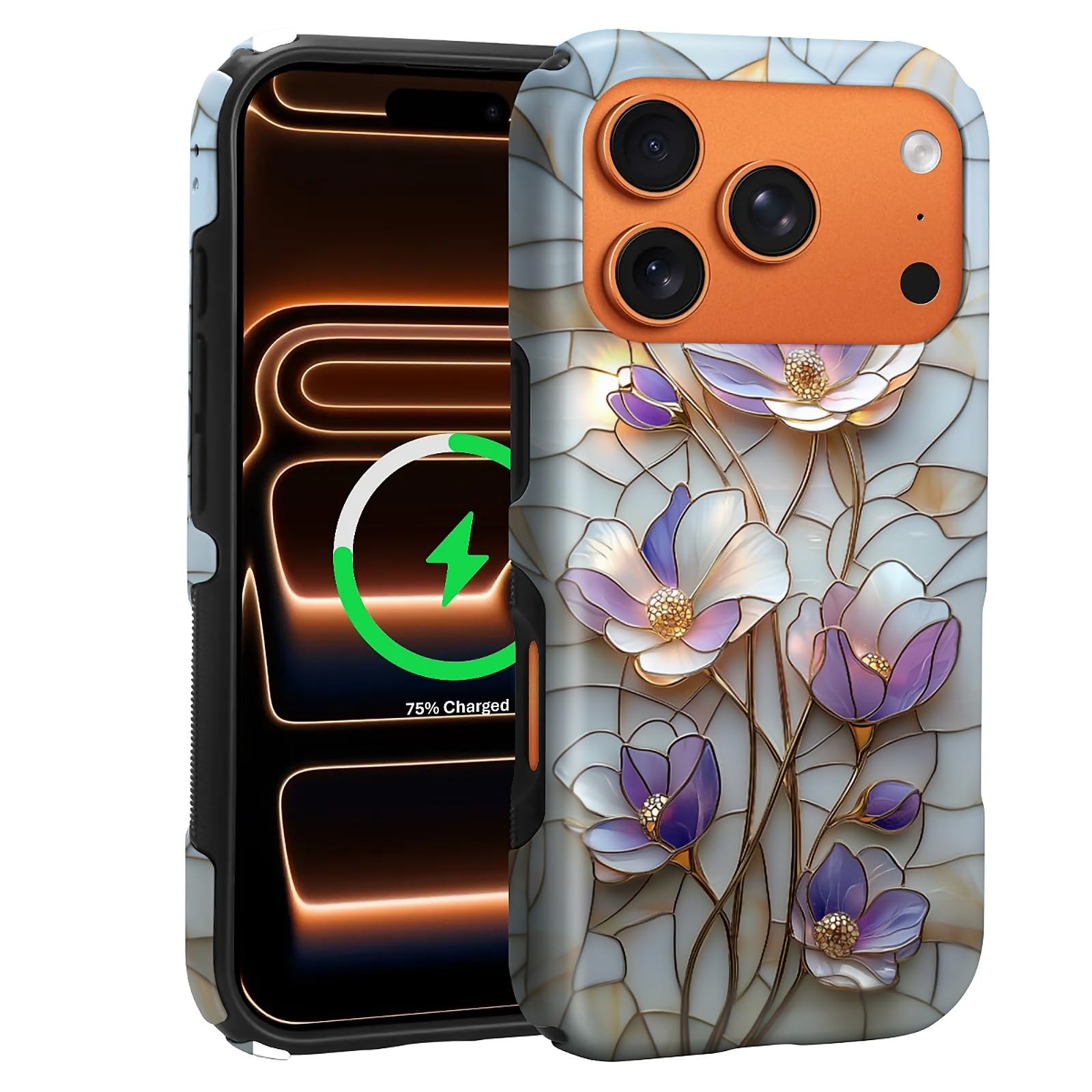 Akinmi Case for iPhone 17 Pro,Compatible with MagSafe,Dual-Layer Protection,Non-Slip Side Grip Phone Cover,Stained Glass Purple 