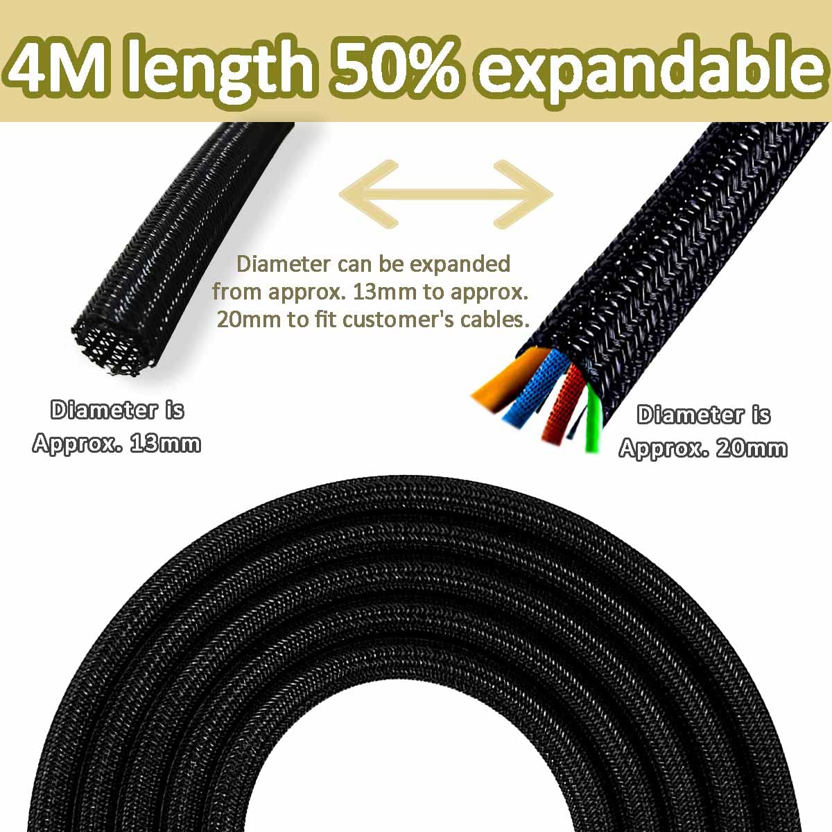 Fanoshon 13 1/8Ft  1/2 Inch Cord Management Sleeve Braided Split Black Cable Protectors Pet Proof   Braided Self Wrapping Wire L