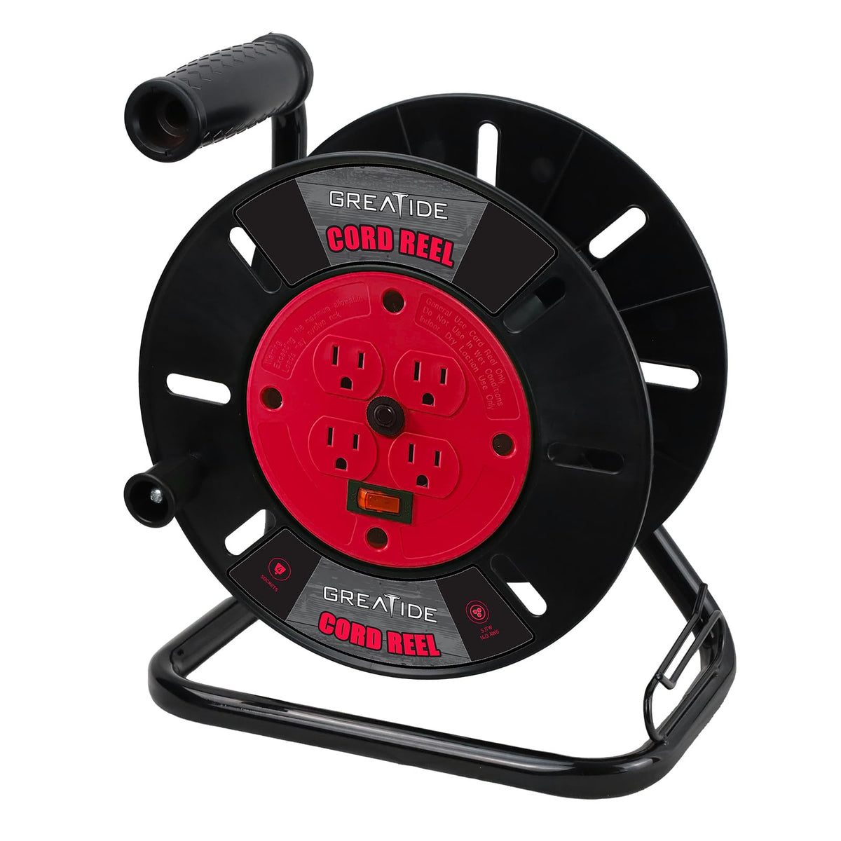 Greatide Heavy Duty Extension Cord Storage Reel With 4 Grounded Outlets, 10A Circuit Breaker, Retractable Hand Wind, Portable Em