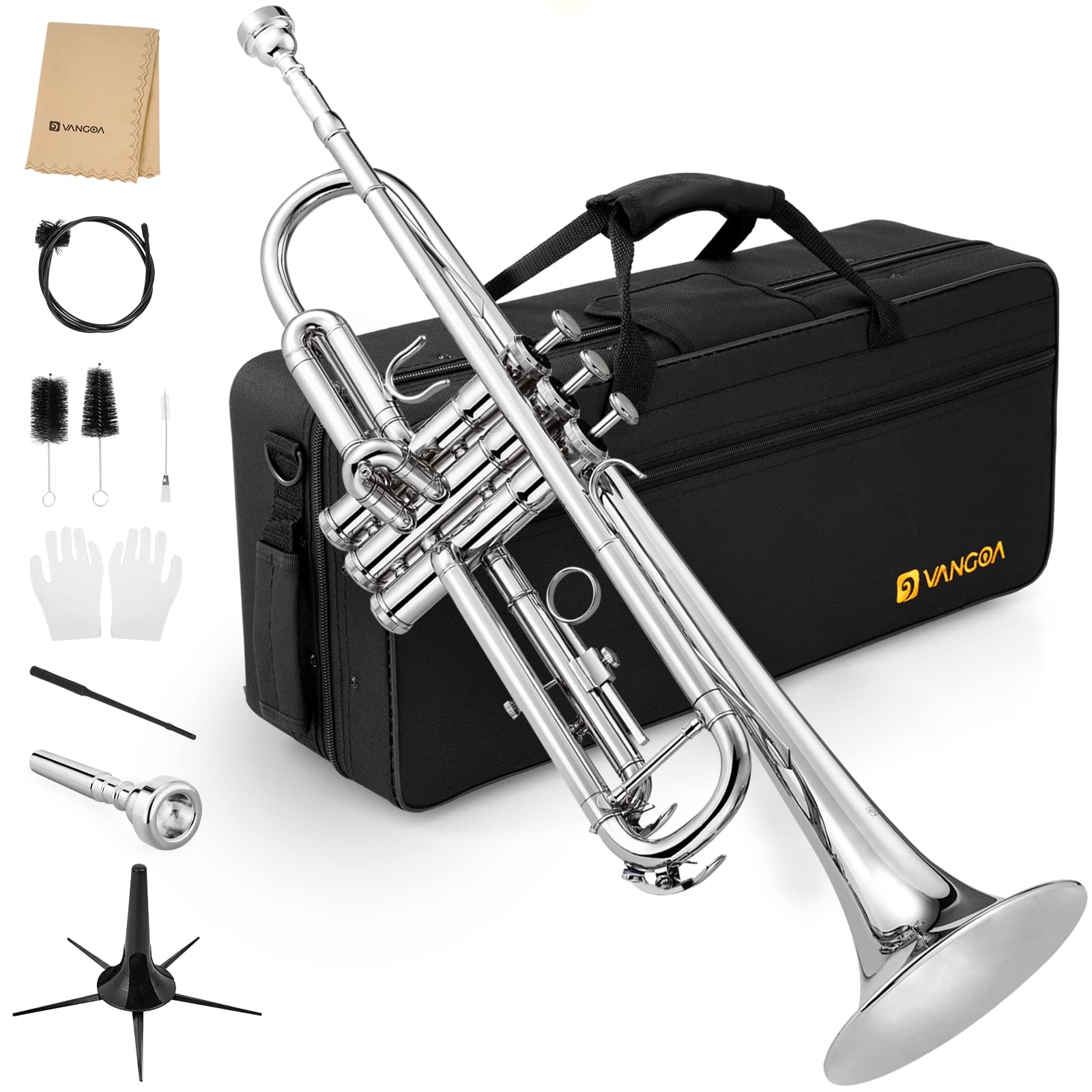 Trumpet, Bb Standard Trumpet Brass Silver Student Trumpet Instrument for School Band Orchestra Beginners Adults with Hard Case, 