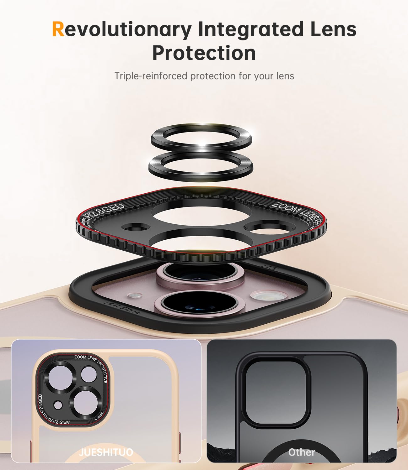 Jueshituo For Iphone 15 Case With Integrated Camera Lens Protection, [Tailored For Magsafe] [Mil Grade Shockproof Defense] Trans