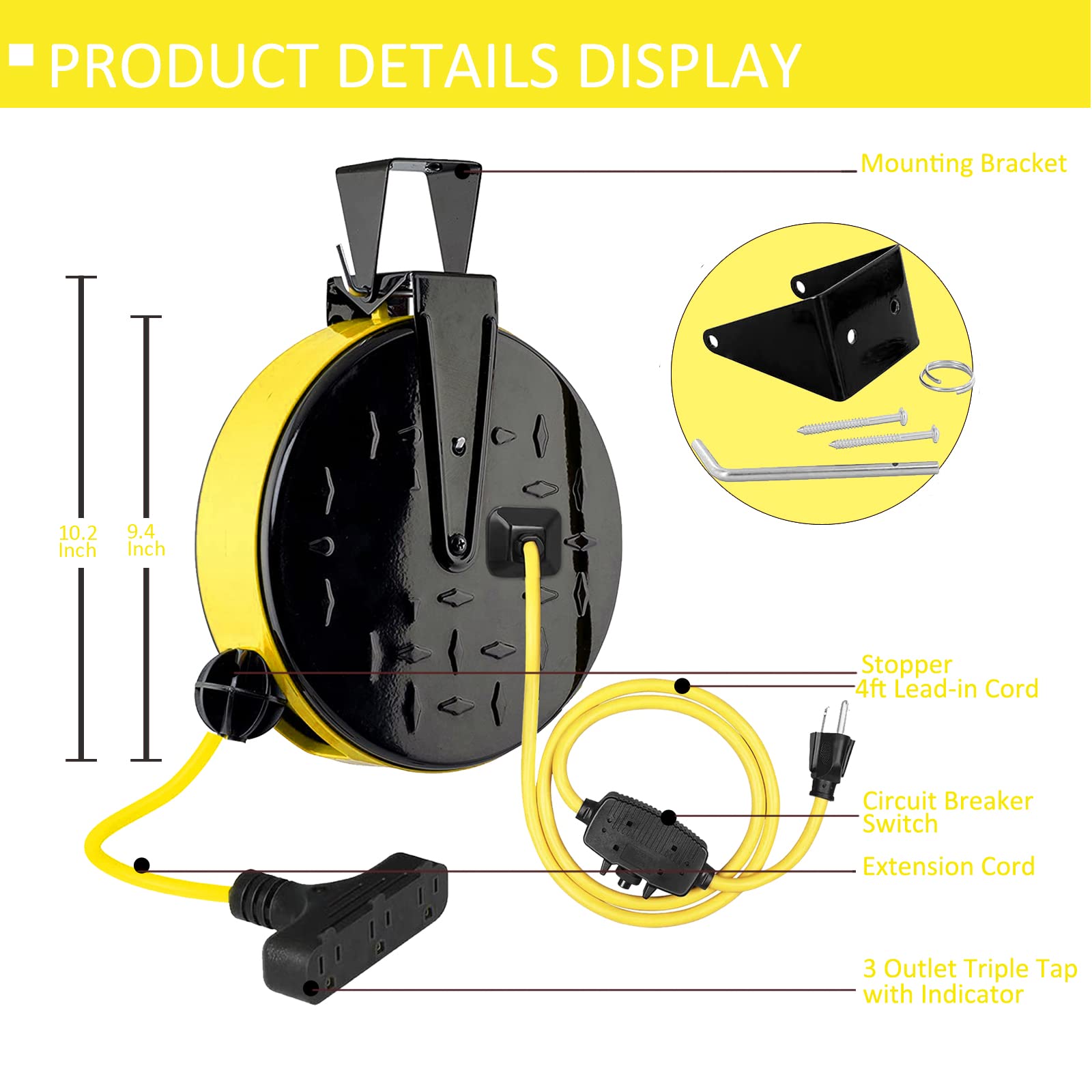 Greatide 30 Ft Retractable Extension Cord Reel, 16/3 Sjtw Power Cord With 3 Electrical Outlets And 10 Amp Circuit Breaker, Ceili