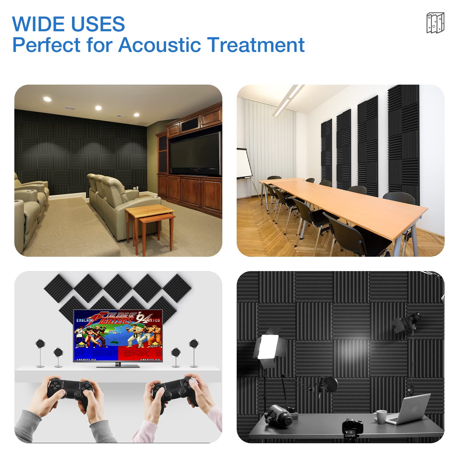 12 Pack Acoustic Panels Self Adhesive, 1'' X 12'' X 12'' Quick Recovery Sound Proof Foam Panels, Acoustic Foam Wedges High Densi