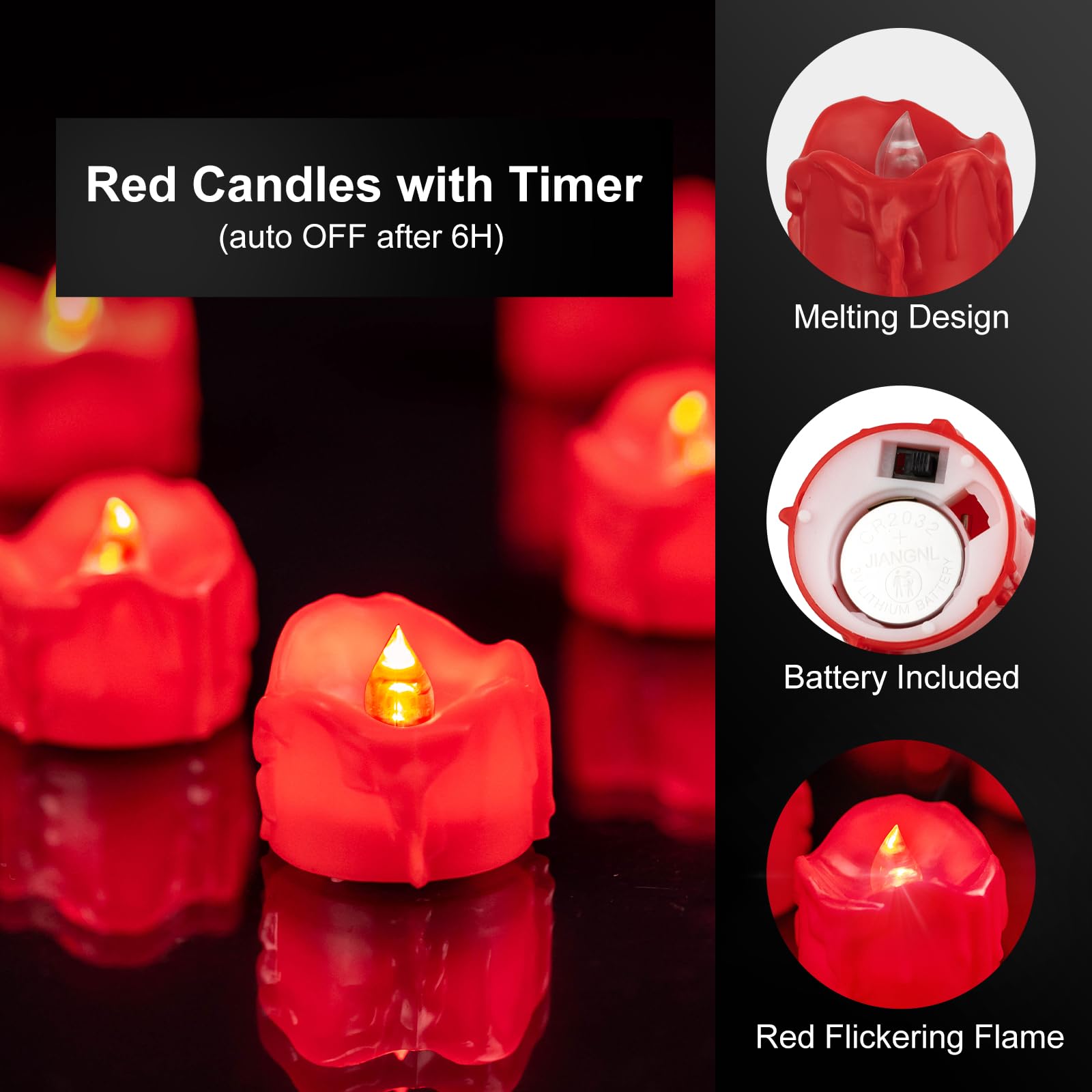 Windshell Red Flickering Flame Tealight Candles With 6H Timer (No Remote), Red Led Light Source, Battery Operated Flameless Tea