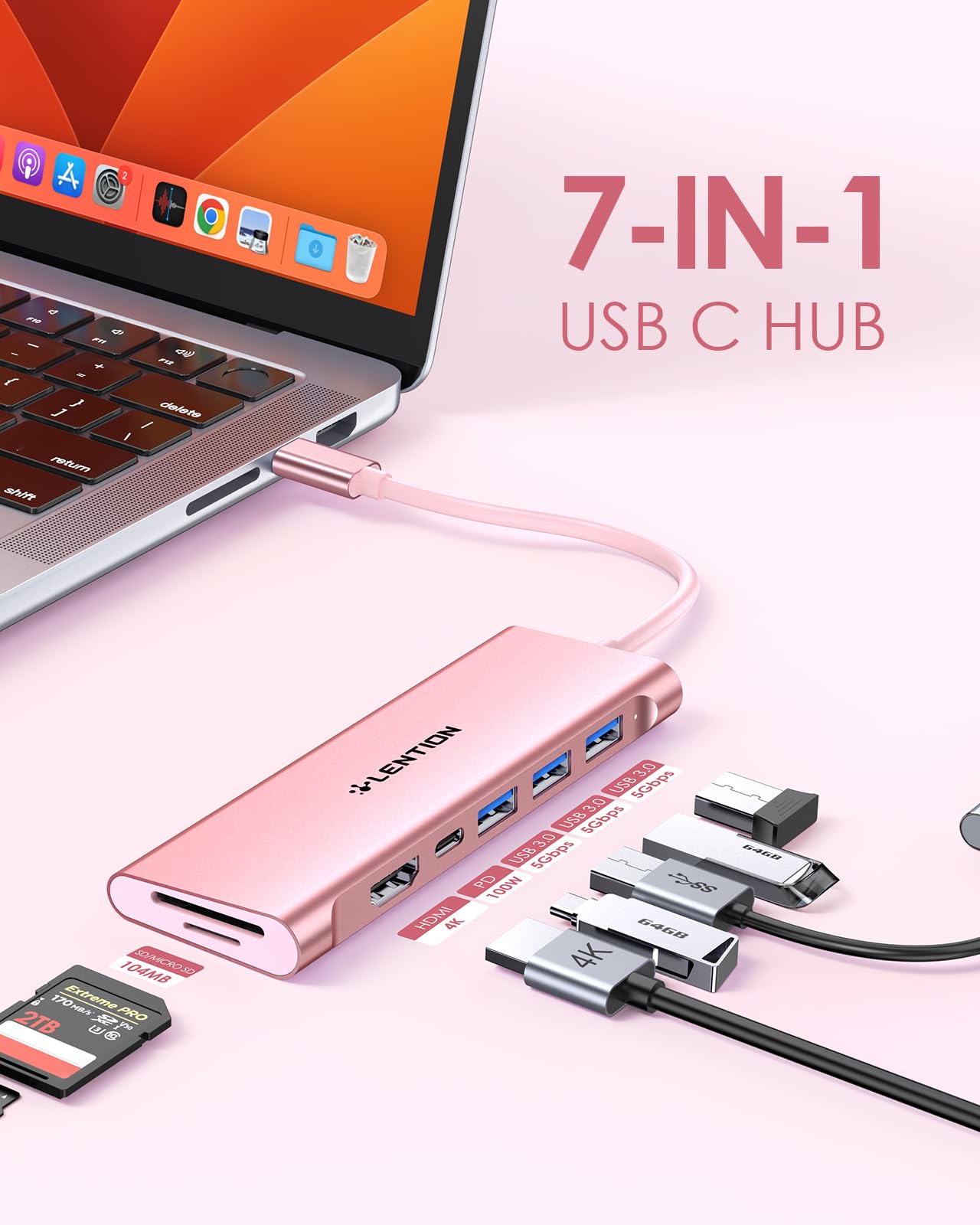 Lention Usb C Multiport Hub With 4K Hdmi, 3 Usb 3.0, Sd/Micro Sd Card Reader, 100W Pd Compatible 2023 2016 Macbook Pro, New Mac