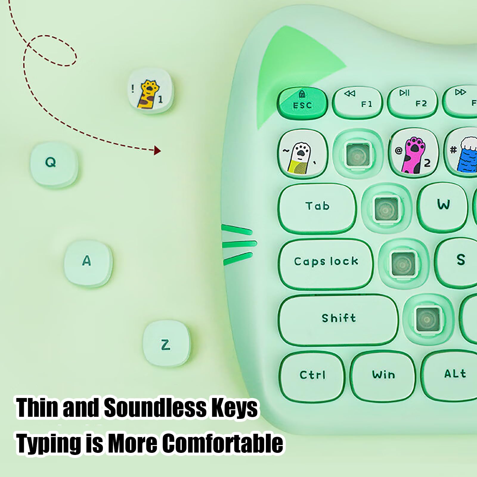 Cute Cat 2.4G Usb Wireless Keyboard And Mouse Combo, Silent Keys, Candy Colors, Compatible With Notebook, Pc (Green 110Keys)