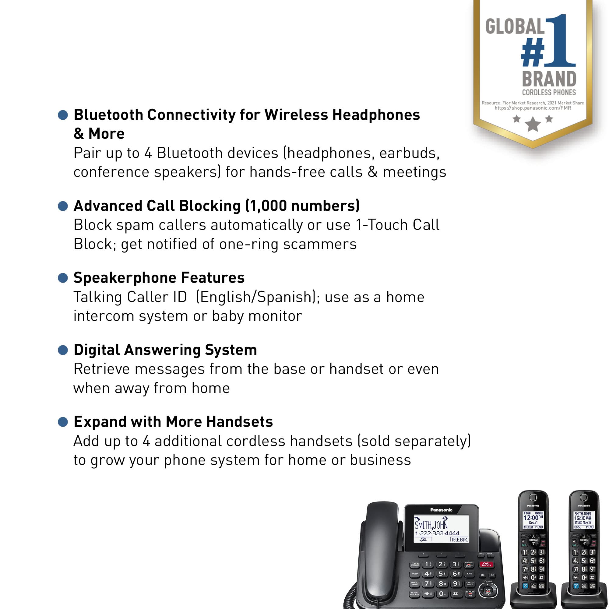 Panasonic Expandable Corded Phone System, Bluetooth Pairing For Wireless Headphones And Hearing Aids, Smart Call Block, Kx-Tgf89
