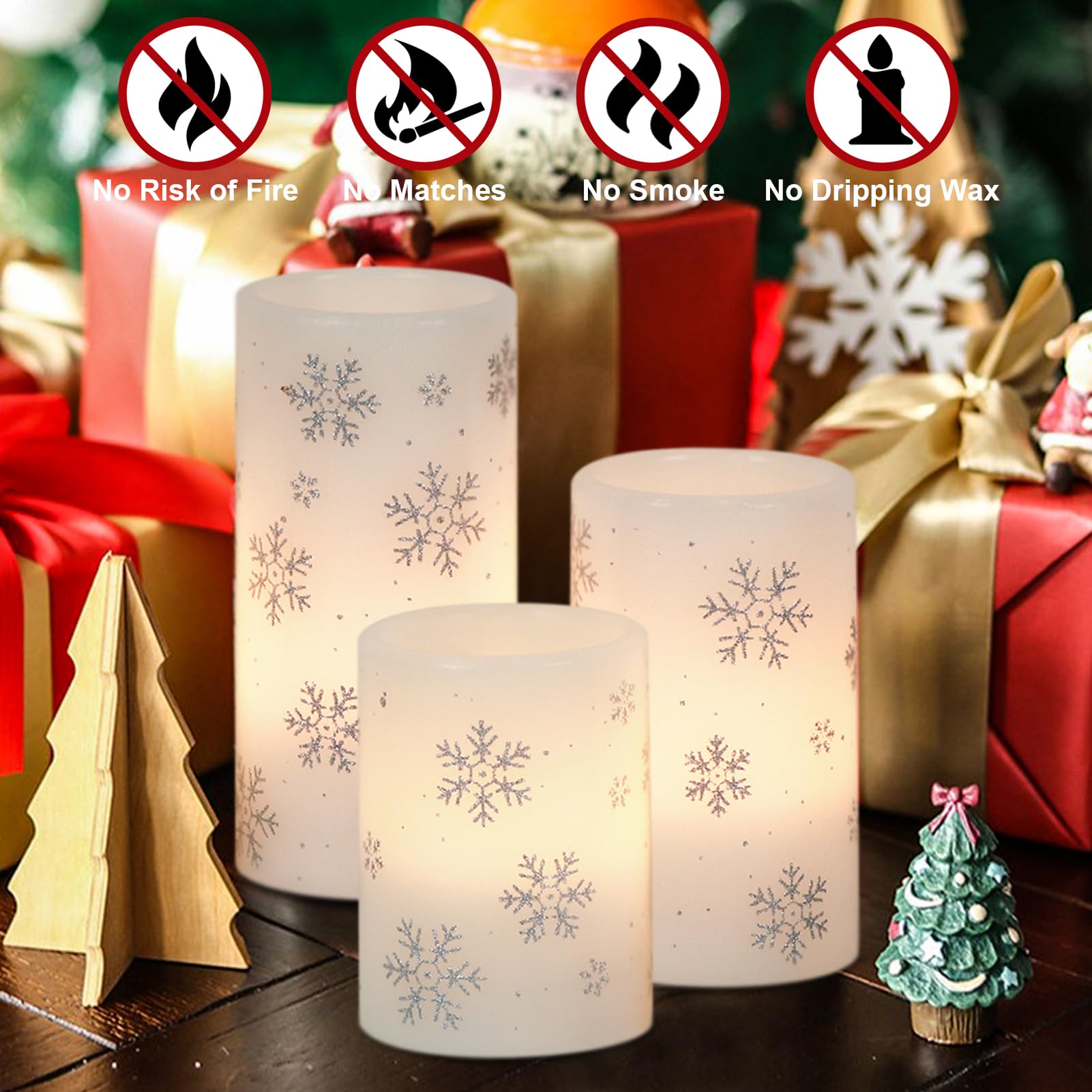Dromance Silver Snowflake Flameless Flickering Candles Battery Operated With 6H Timer, 3 Pack Real Wax Warm Light Led Pillar Can