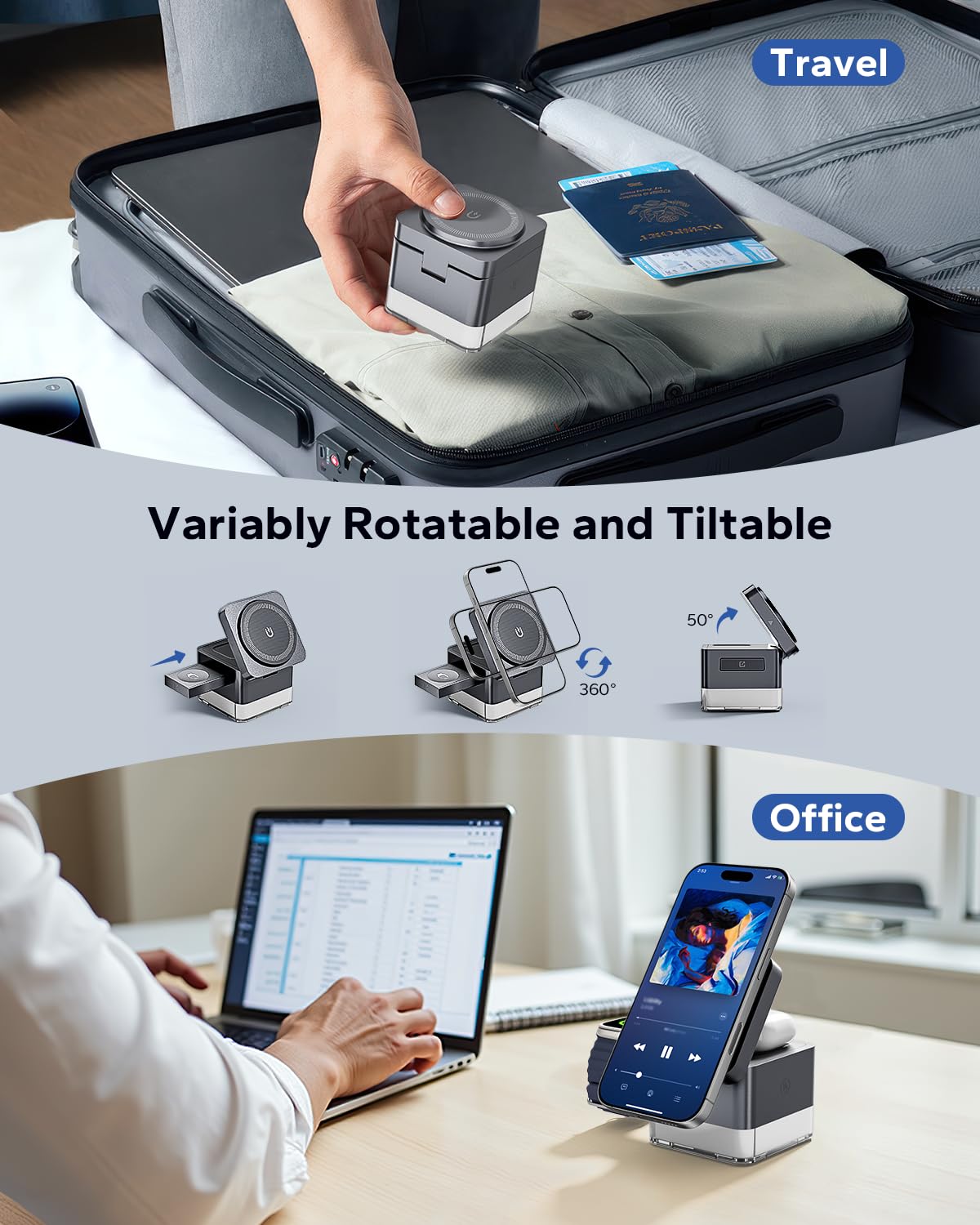 Kpon For Iphone Nightstand Charging Station,15W 3 In 1 Wireless Phone Charger Stand With Night Lamp, Travel Foldable Magnetic Cu