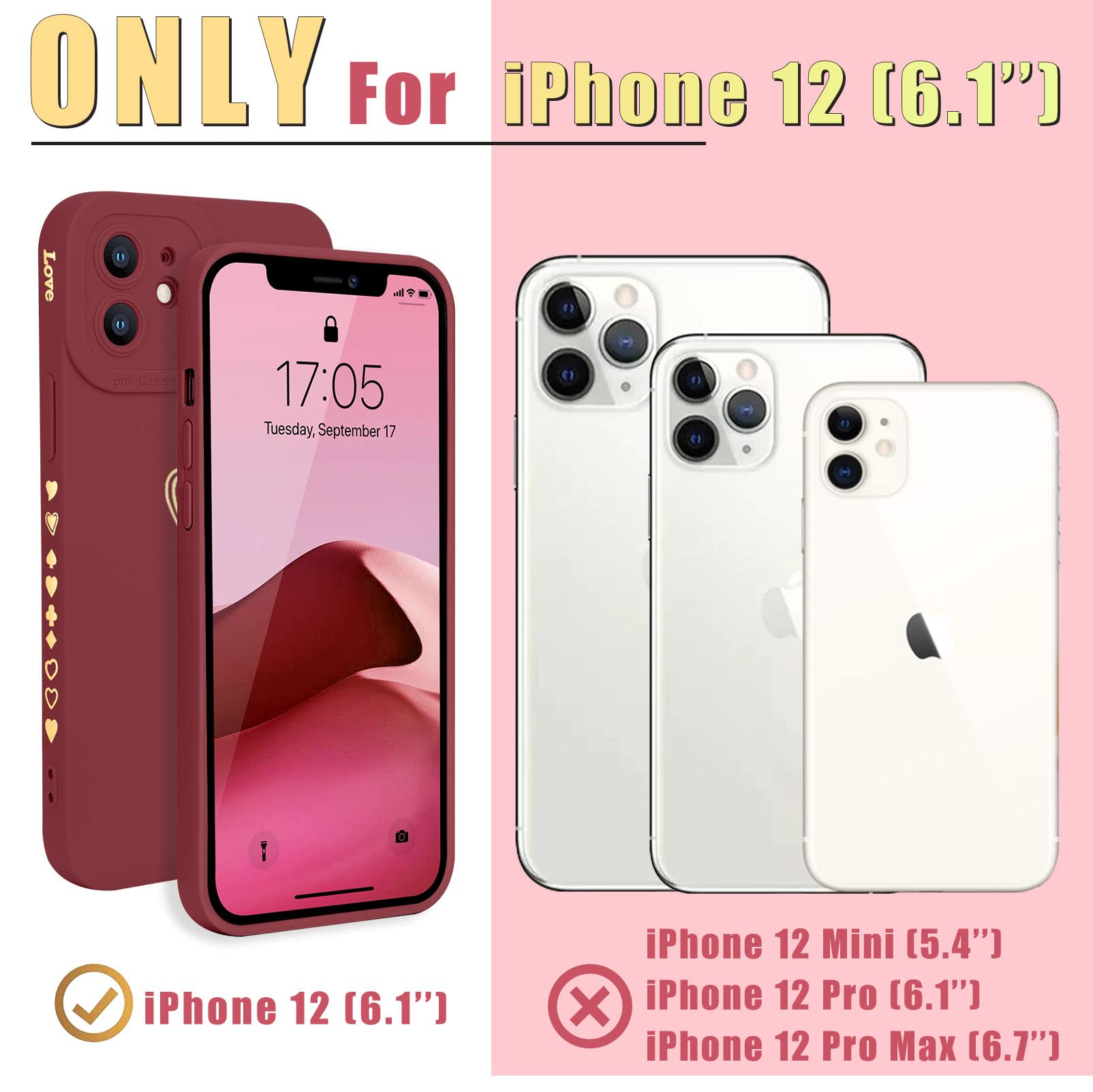 Teageo iPhone 12 Case 6.1 inch Love Heart Full Camera Lens Protection Shockproof Silicone Burgundy