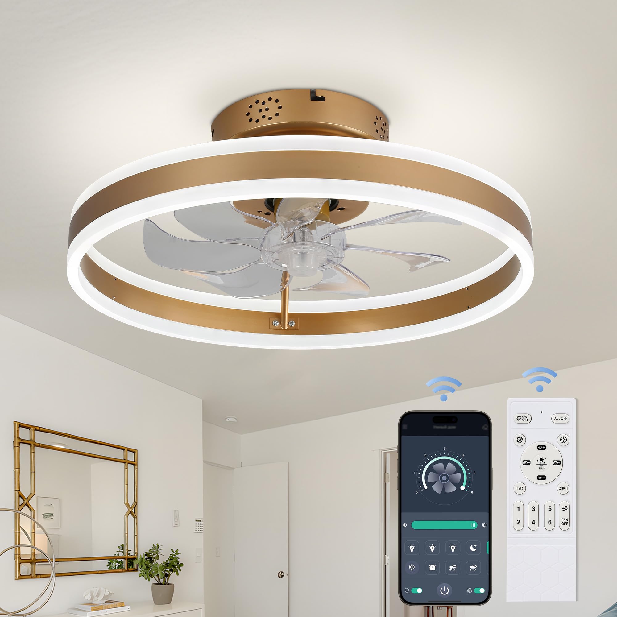 20 Inch Low Profile Ceiling Fan With Light ,Modern Round Led Low Profile Fan With Remote Control And App,Reversible Blades,3 Col