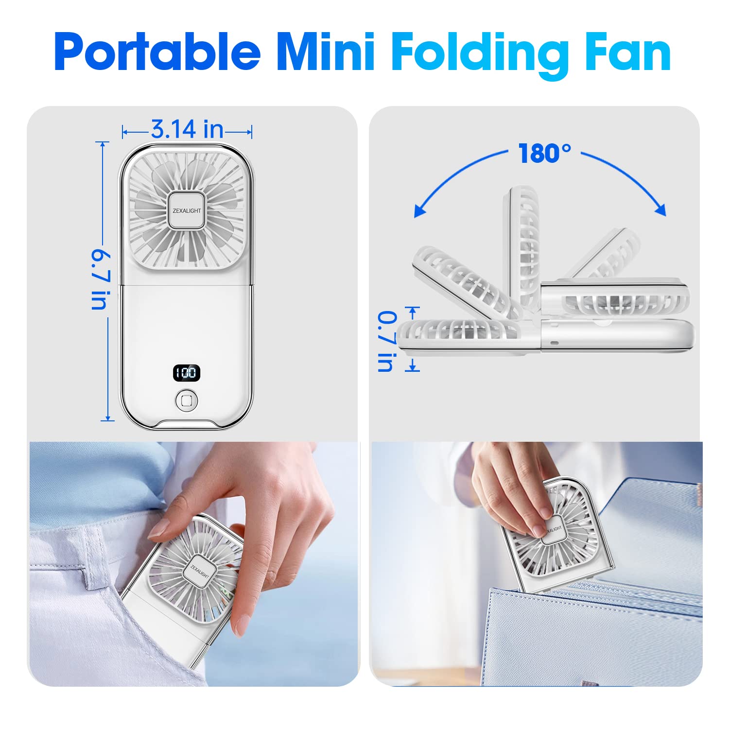 Zexalight Upgraded 5-In-1 Portable Handheld Fan, Necklace Fan, Mini Desk Fan, Foldable Phone Stand, Emergency Backup Power, Quie