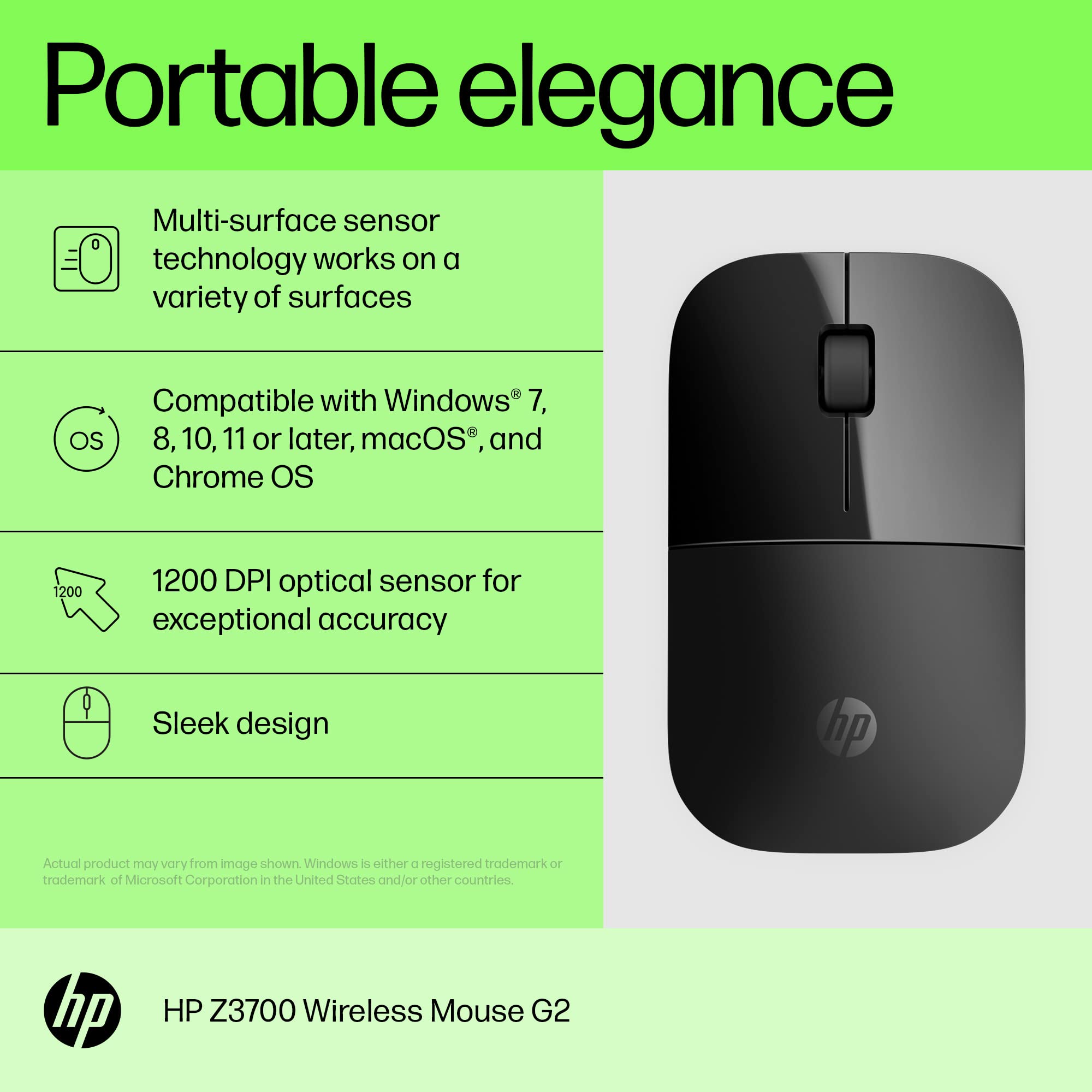 HP Z3700 G2 Wireless Mouse   Onyx Black, Sleek Portable Design fits Comfortably Anywhere, 2.4GHz Wireless Receiver, Blue Optical, for Wins PC, Laptop, Notebook, Mac, Chromebook (681R7AA#ABL)