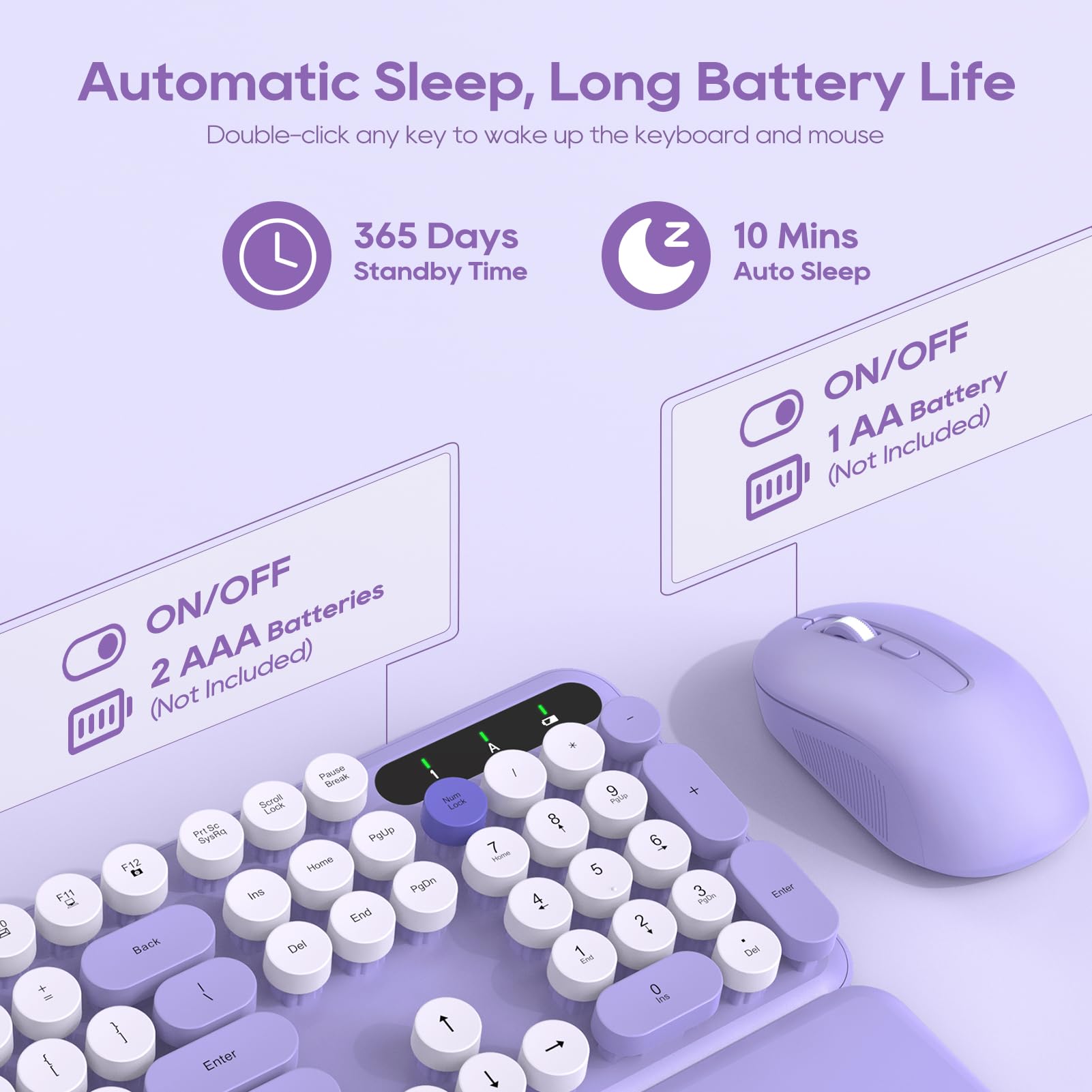 Wireless Keyboard And Mouse Combo, Cute Round Keycaps, Full Size Retro Typewriter Keyboard With Detachable Wrist Rest, 2.4Ghz Co