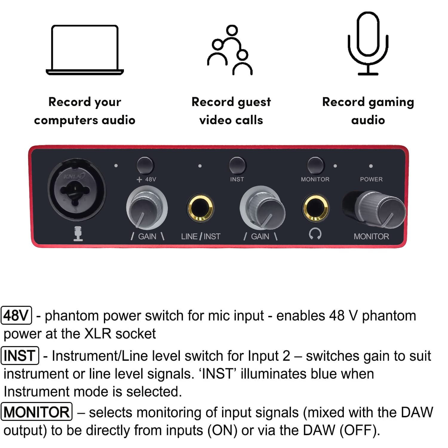 Audio Interface Usb Audio Interface With Mic Preamplifier Usb Audio Mixer Recorder With 48V Phantom Power, 24 Bit, Support Table