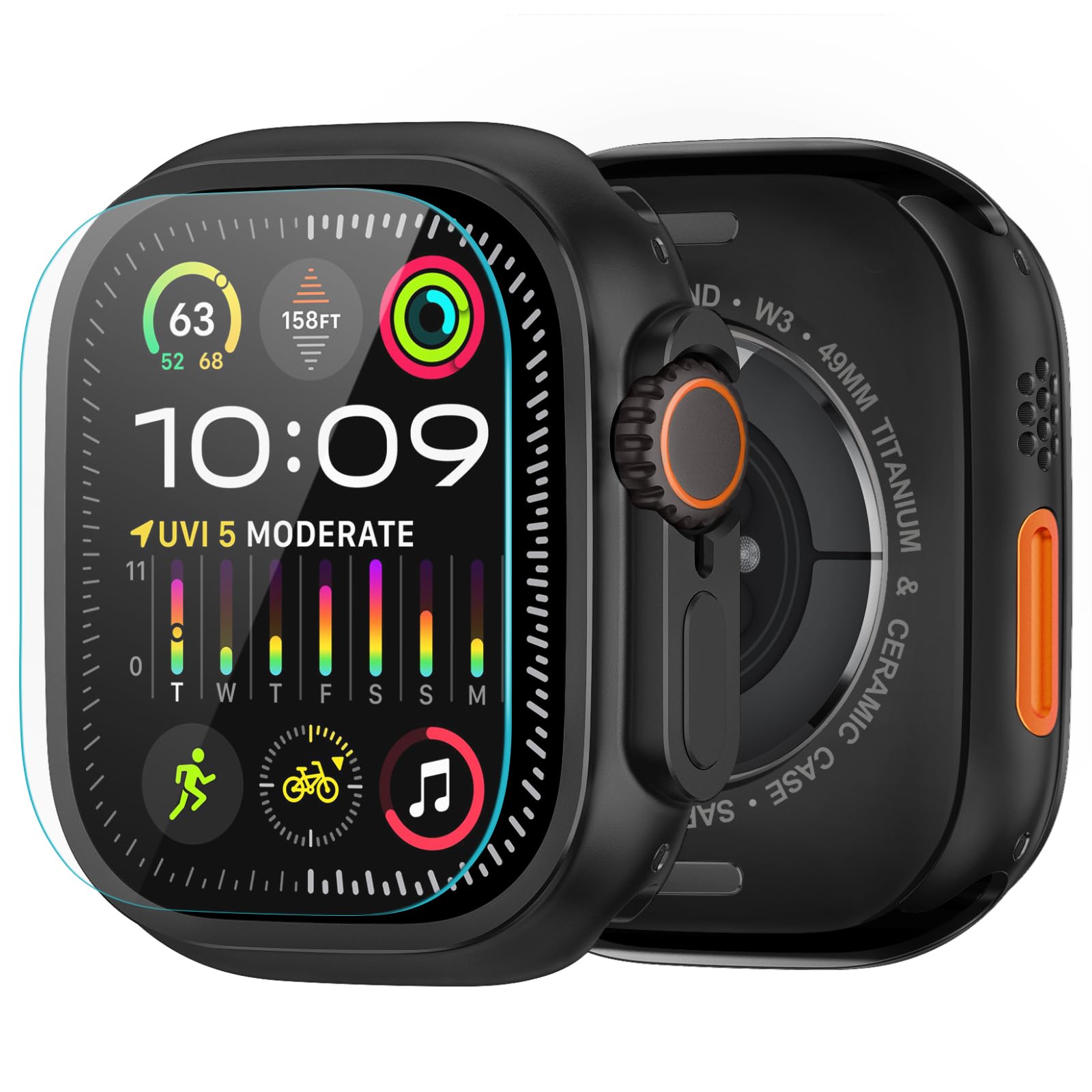 Amband Metal Case Screen Protector For Apple Watch Ultra 2/Ultra 49Mm, W3 Rugged Bumper Thin Frame + 9H Tempered Glass Film + Ce