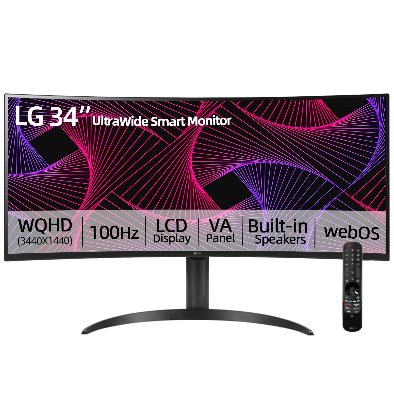 LG 34 UltraWide Curved Smart Monitor, WQHD (3440 x 1440) 21:9 LCD Display, 100Hz, 3000:1, VA Panel, AirPlay, Built-in Speakers,