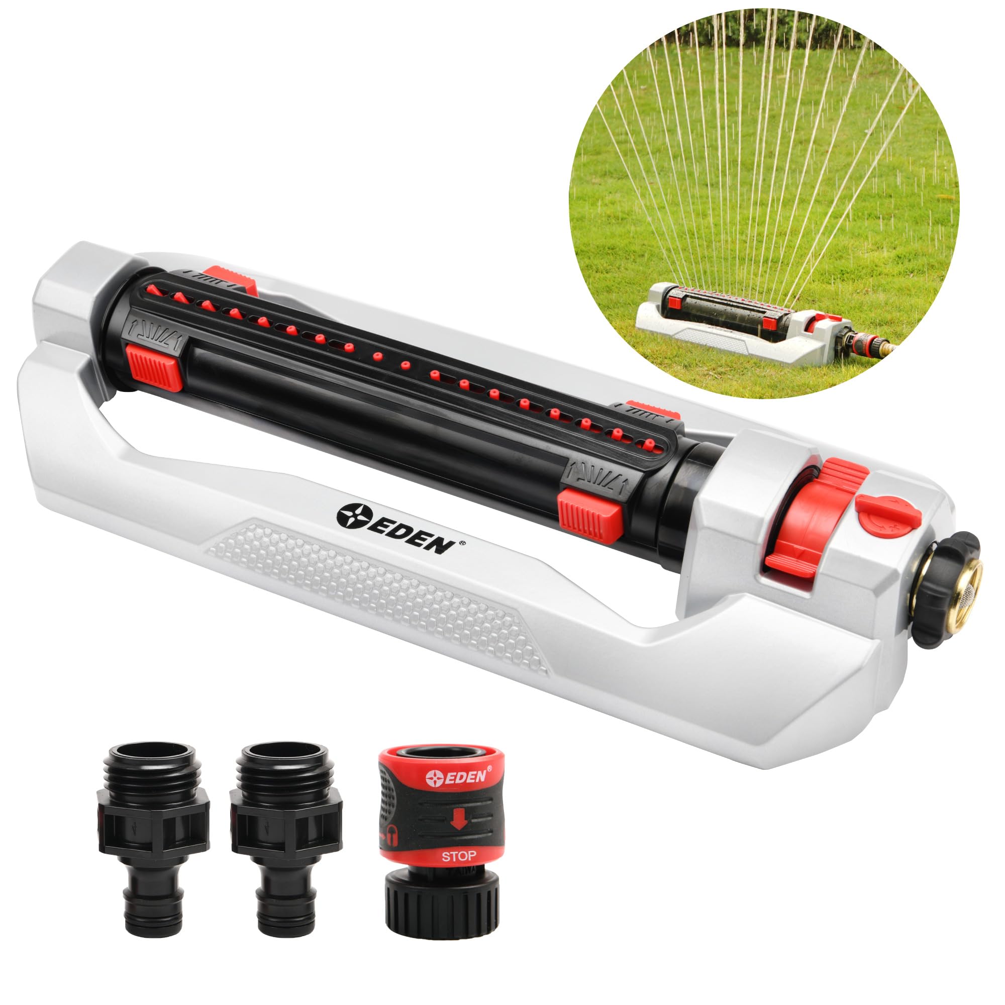 Eden 94095 3 Way Metal Turbo Oscillating Sprinkler For Large Yard And Lawn W/Quick Connector Starter Set Covers Up To 4,000 Sq.