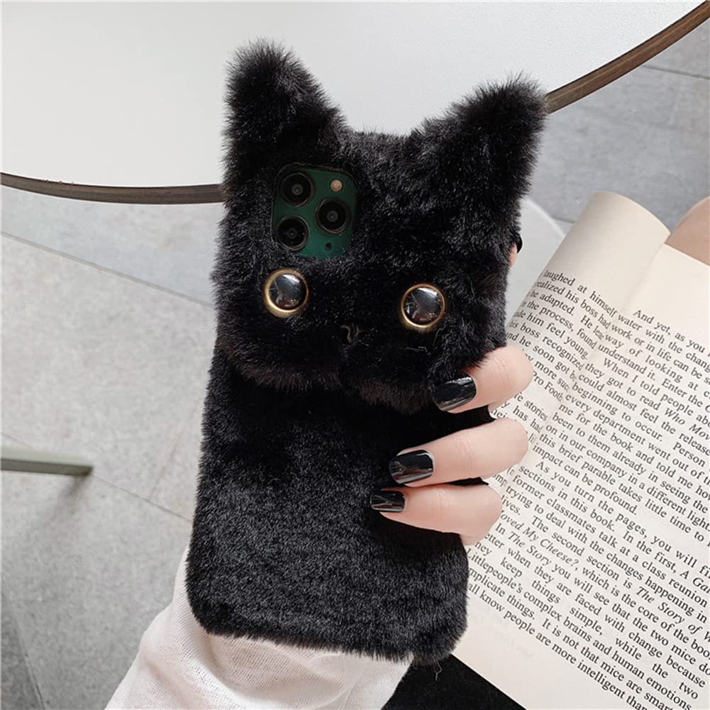 Unnfiko Winter Soft Warm Plush Case Compatible With Iphone 14 Plus, Cute Cat Fuzzy Animal Fluffy Fur Handmade Case Covers For Gi