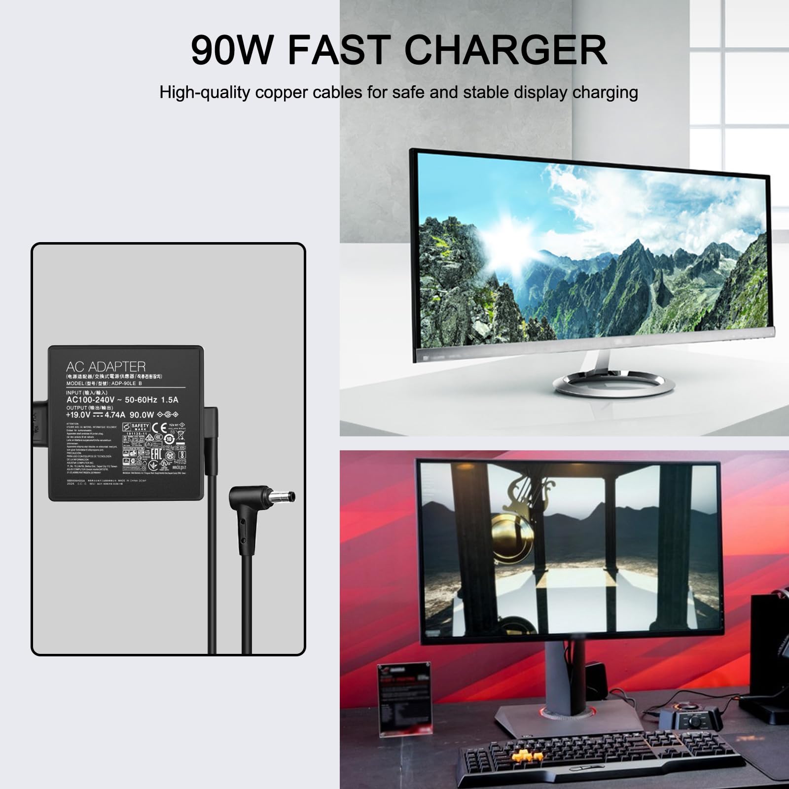 90W Charger For Asus Monitor Power Cord Asus Rog Strix Pg279Q Pg279 Pg279Qz Xg27Uq Pg259Qn Tuf Gaming Vg27Aq Vg32Vqr Vg35Vq Vivo Aio V230I V230Ic Power Adapter Adp 90Le B