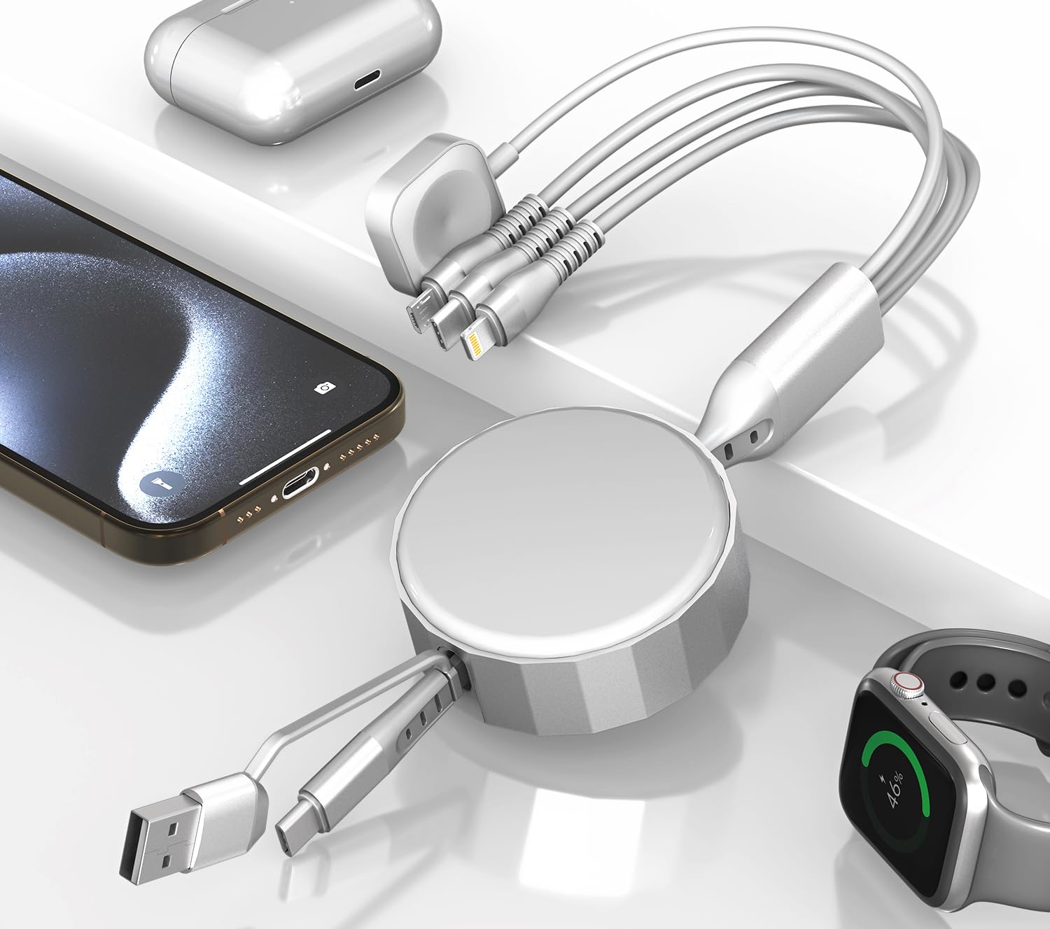Retractable Multi Charging Cable With Apple Watch Charger - 100W Retractable 4 In 1 Charging Cable With Lightning/Micro/Type C/I