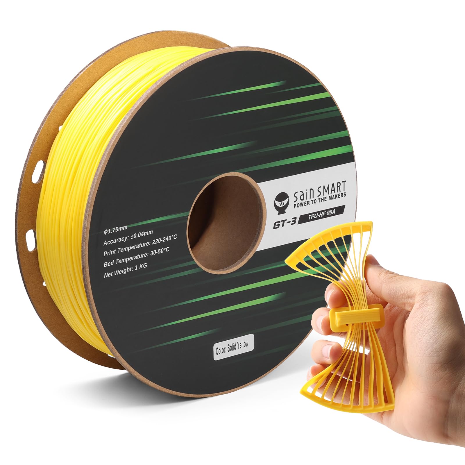 SainSmart TPU Filament 1.75mm, GT-3 Flexible 3D Printer Filament for High-Speed Printing 500mm/s, Yellow, 2.2 LBS (1KG) Spool, D