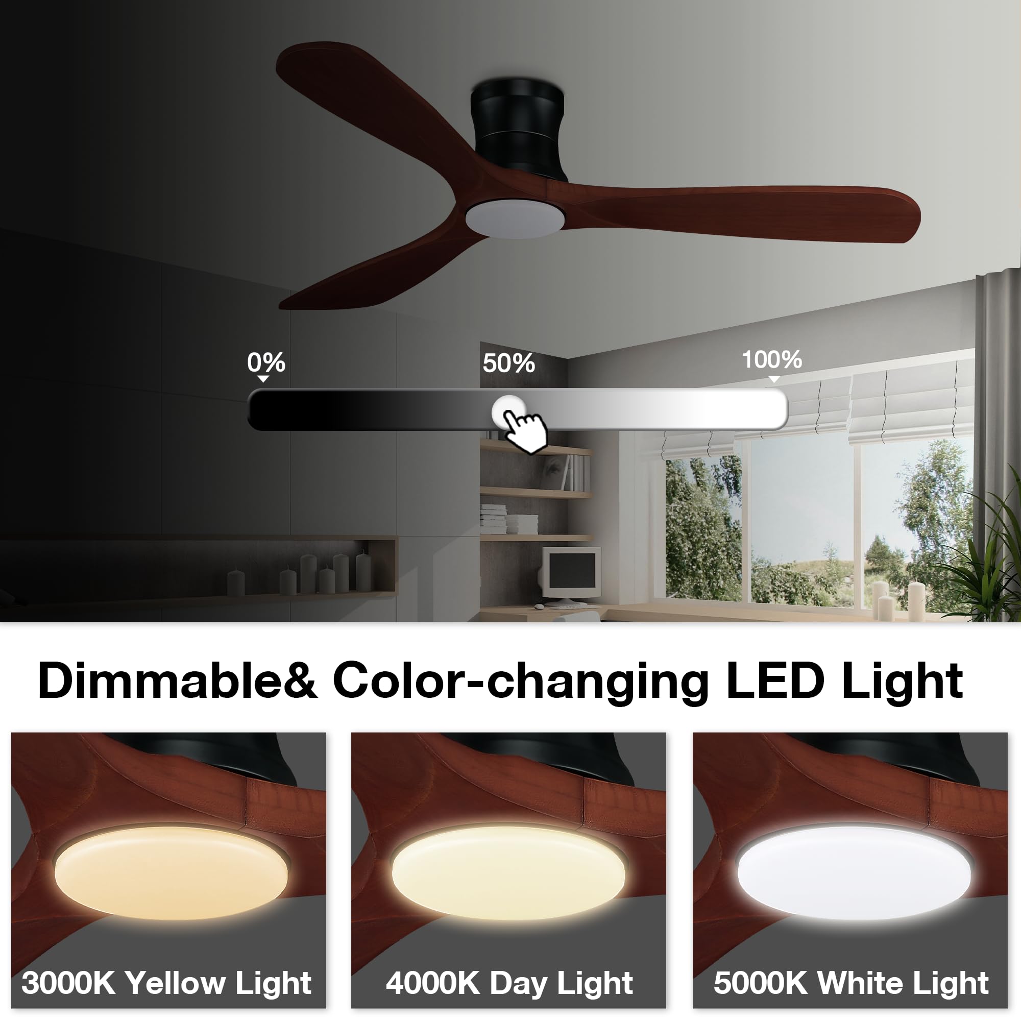 Hoenofly 52    Smart Wood Flush Mount Ceiling Fans With Lights Remote,Quiet Dc Motor,Outdoor Indoor Low Profile Ceiling Fan,Voic