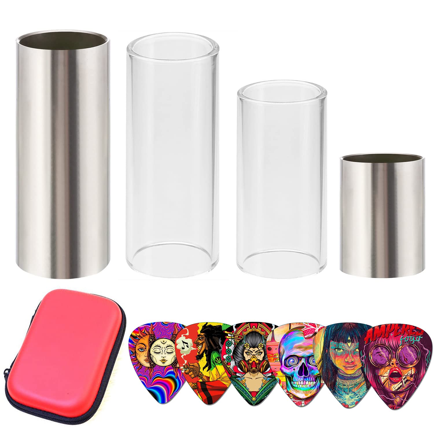 Thivenny Guitar Slide, Set Of 2 Glass Guitar Slide, 1 Steel Guitar Slide, 1 Guitar Slide Ring, With 6 Pieces Artistic Guitar Pic