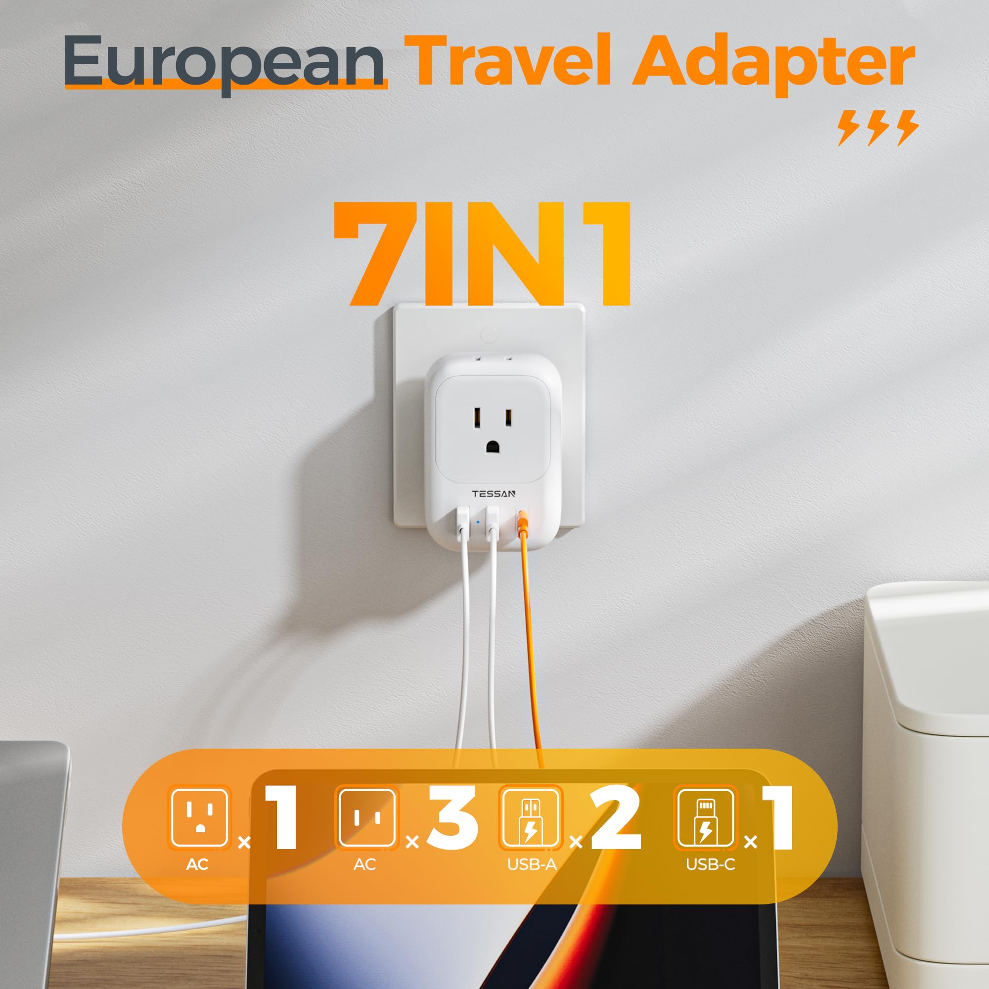 European Travel Plug Adapter, Tessan Usa To Europe Plug With 4 Outlets And 3 Usb Ports(1 Usb C), International Type C Power Adap