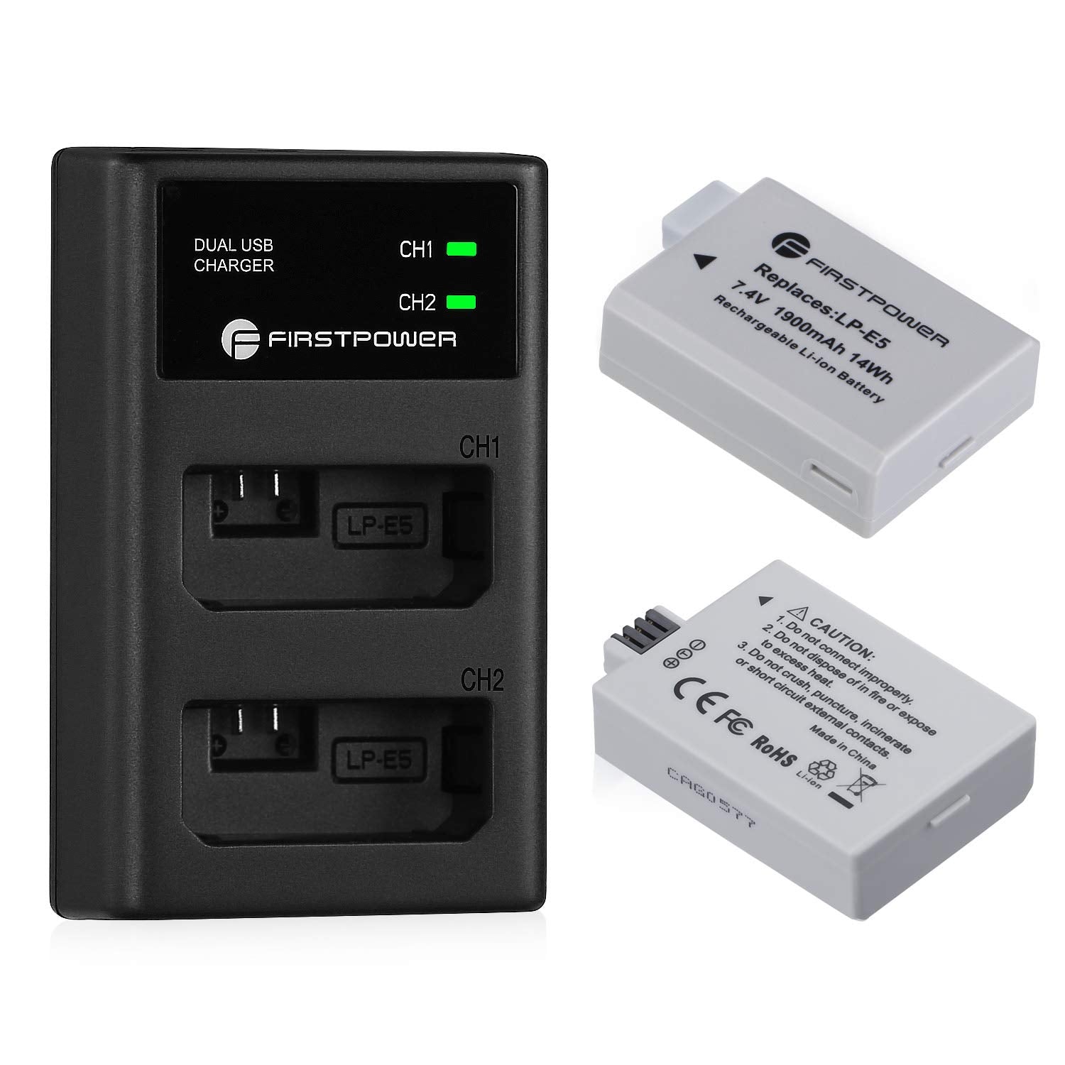 Firstpower Lp E5 Batteries (2 Pack, 1900Mah) And Dual Usb Charger Compatible With Canon Eos Rebel Xs, Rebel T1I, Rebel Xsi, 1000D, 500D, 450D, Kiss X3, Kiss X2, Kiss F