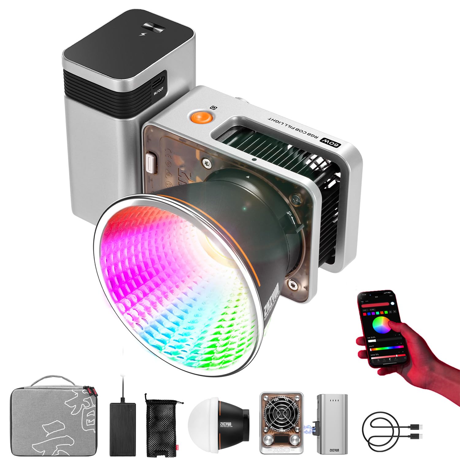 Zhiyun Molus X60 Rgb Combo 60W Cob Video Light, 319G Portable Led Light, 2700K 6500K Cri 95 Tlci 98 W/Detachable Grip Battery,Su
