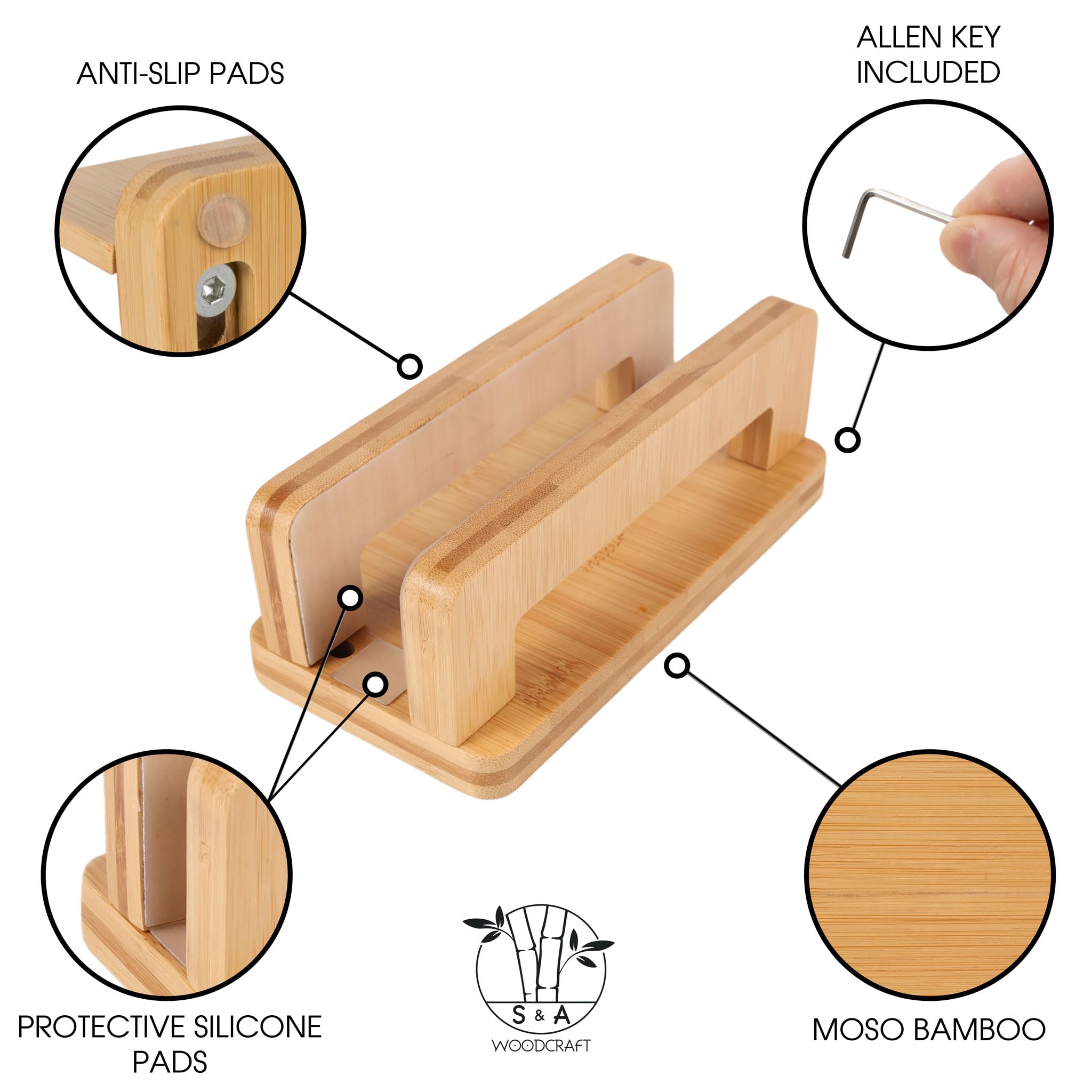S&A Woodcraft Bamboo Wood Vertical Laptop Stand, Adjustable Wooden Laptop Holder, Non Slip Laptop Dock Compatible With Apple Mac