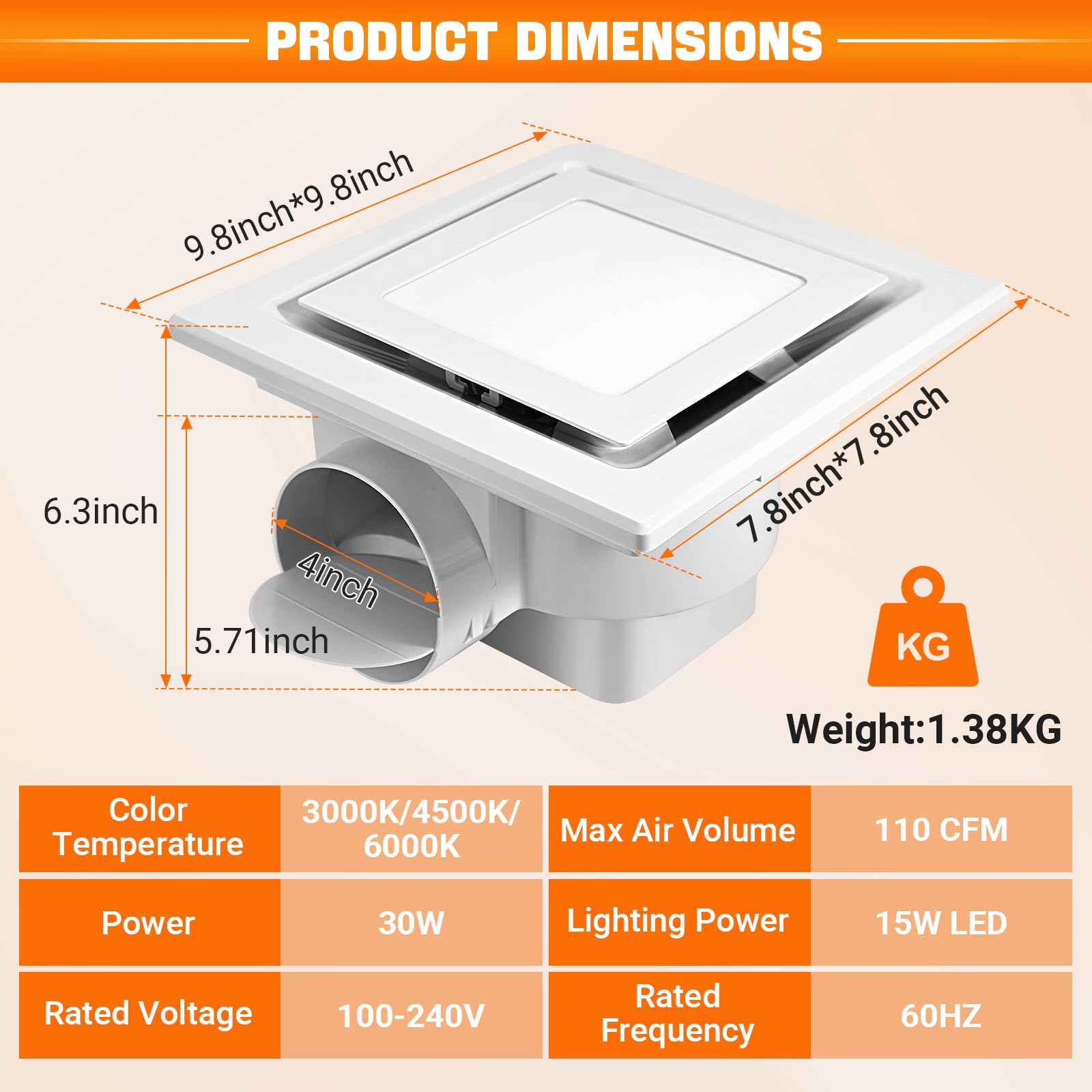 Feiton Square Bathroom Exhaust Fan With Led Light, Adjustable Color Temperature(3000K/4500K/6000K), 110 Cfm 30W 4 Inch Duct, 110