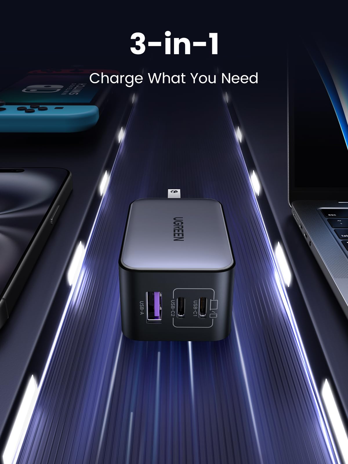 Ugreen Nexode 65W Gan Usb C Wall Charger, 3-Port Compact Foldable Fast Charger Power Adapter For Iphone 17/16/15 Series, Galaxy