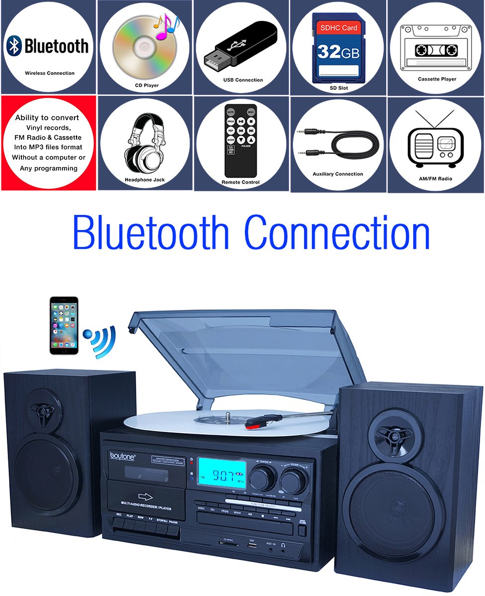 Boytone Bt 28Spb, Bluetooth Classic Style Record Player Turntable With Am/Fm Radio, Cassette Player, Cd Player, 2 Separate Stereo Speakers, Record Vinyl, Radio, Cassette To Mp3, Sd Slot, Usb, Aux