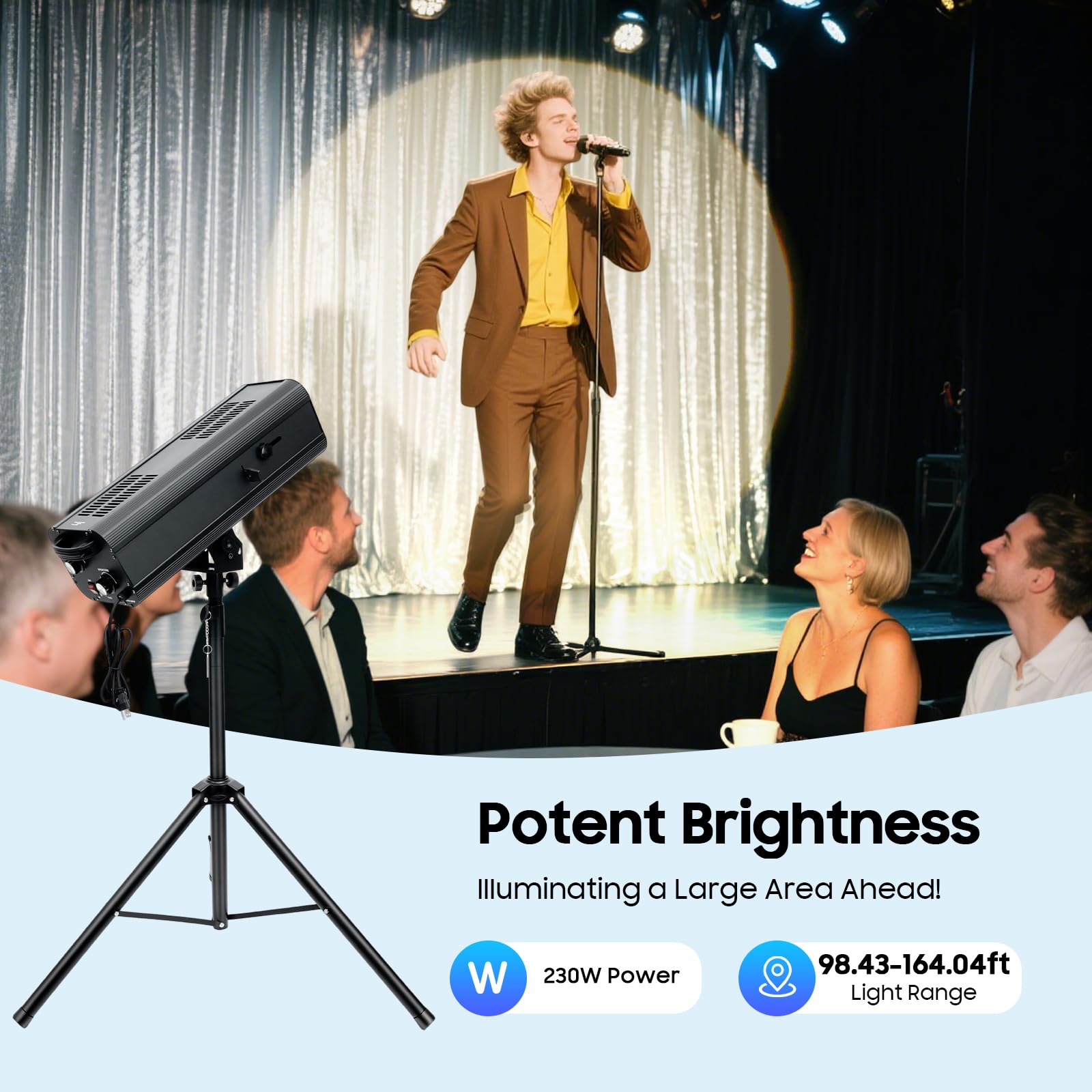 Stage Spotlight, 230W Follow Spot Light Manual Control Spotlight Stage Light W/Tripod Bracket, Adjustable Aperture Dj Wash Light