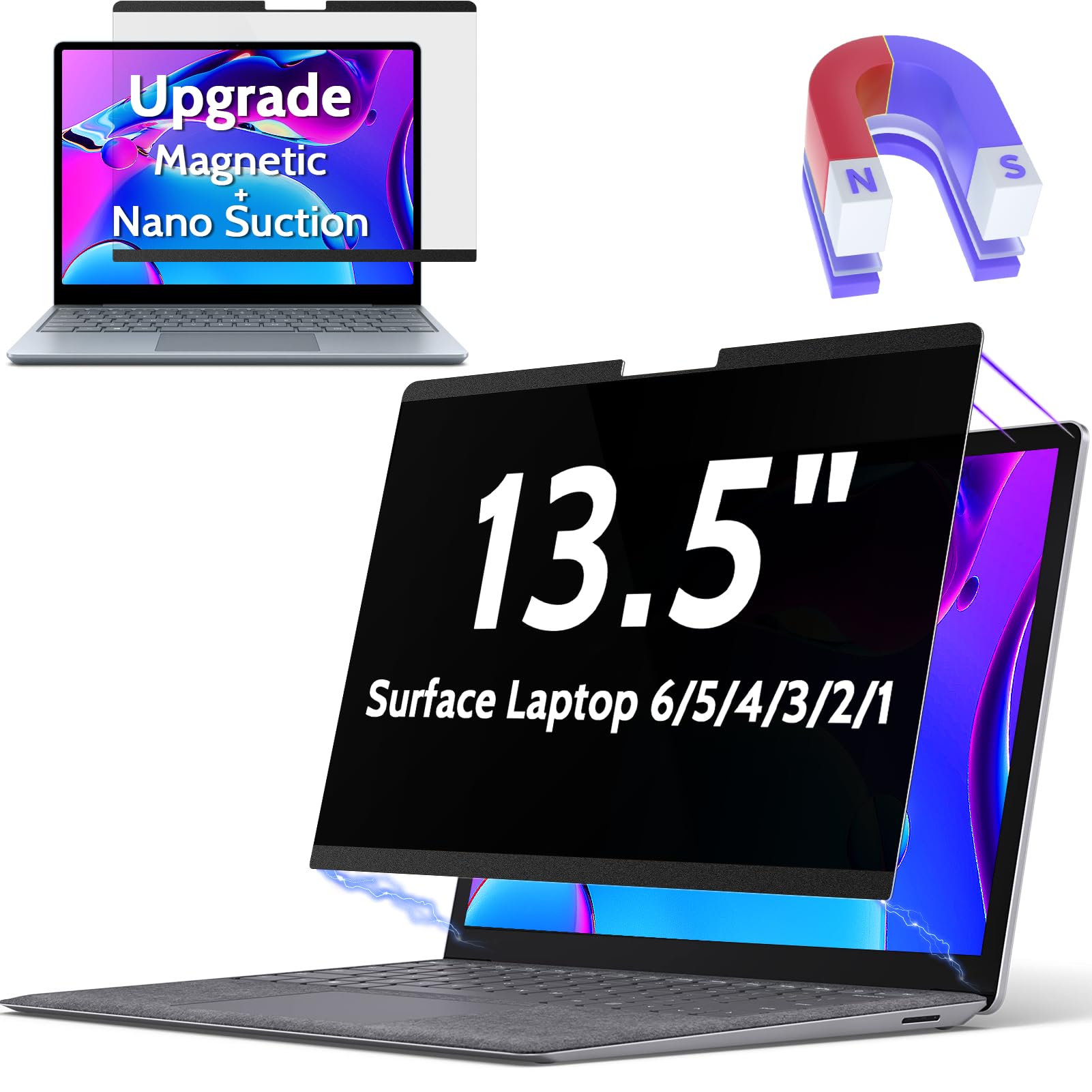 Peslv Magnetic Privacy Screen For Surface Laptop 6/5/4/3/2/1 13.5 Inch, Removable Anti Blue Light Glare Filter, Black Security P