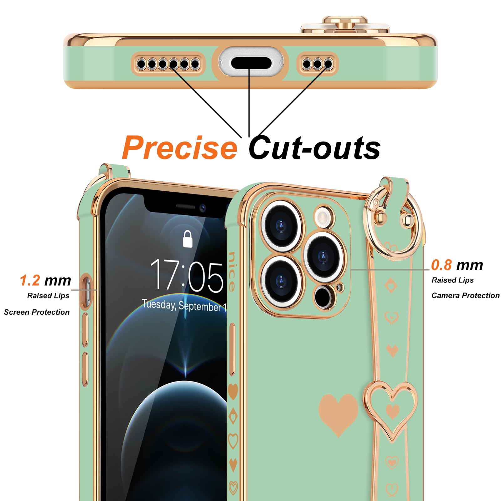 Llz.Coque For Iphone 12 Pro Case Cute Love Heart Plating Strap Phone Cover For Women Girls Bling Soft Silicone Camera Lens Prote