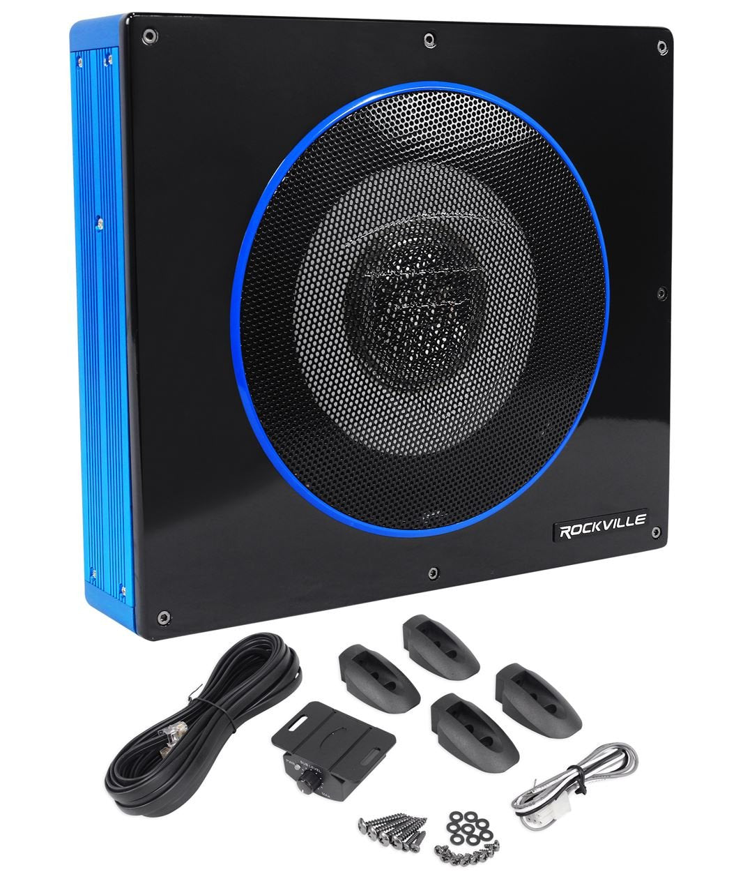 Rockville RW8CA 8' 600 Watt Low Profile Under-Seat Active Powered Car Subwoofer, Black