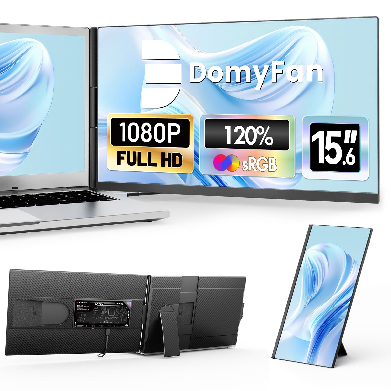domyfan 15.6 Laptop Screen Extender, 120% sRGB FHD 1080P IPS Laptop Monitor Extender Dual Screen, Portable Monitor for Laptops 1