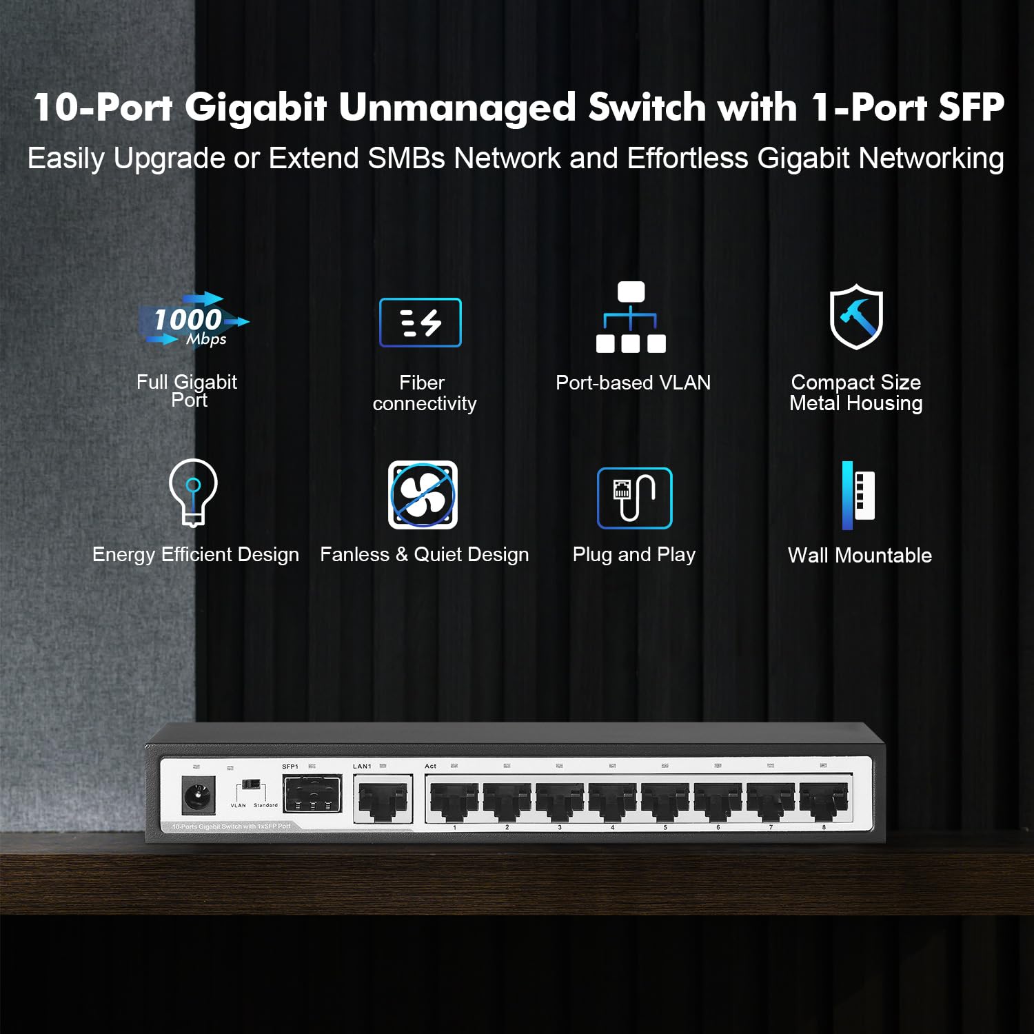 Yulinca 10 Port Gigabit Ethernet Switch, 8 X 100/1000Mbps Ports, 1 Gigabit Uplink, 1 Gigabit Sfp, Support Vlan, Metal Fanless Un
